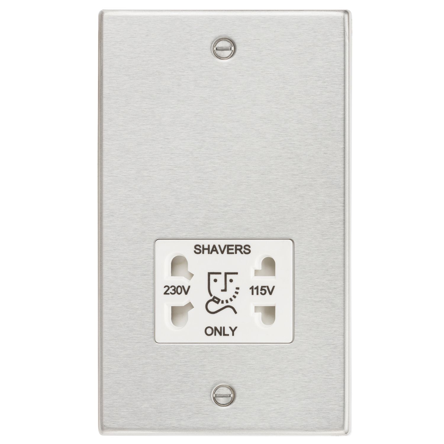 Knightsbridge 2-Gang Dual Voltage Shaver Socket 115 V / 230V Brushed Chrome with White Inserts (225TY)
