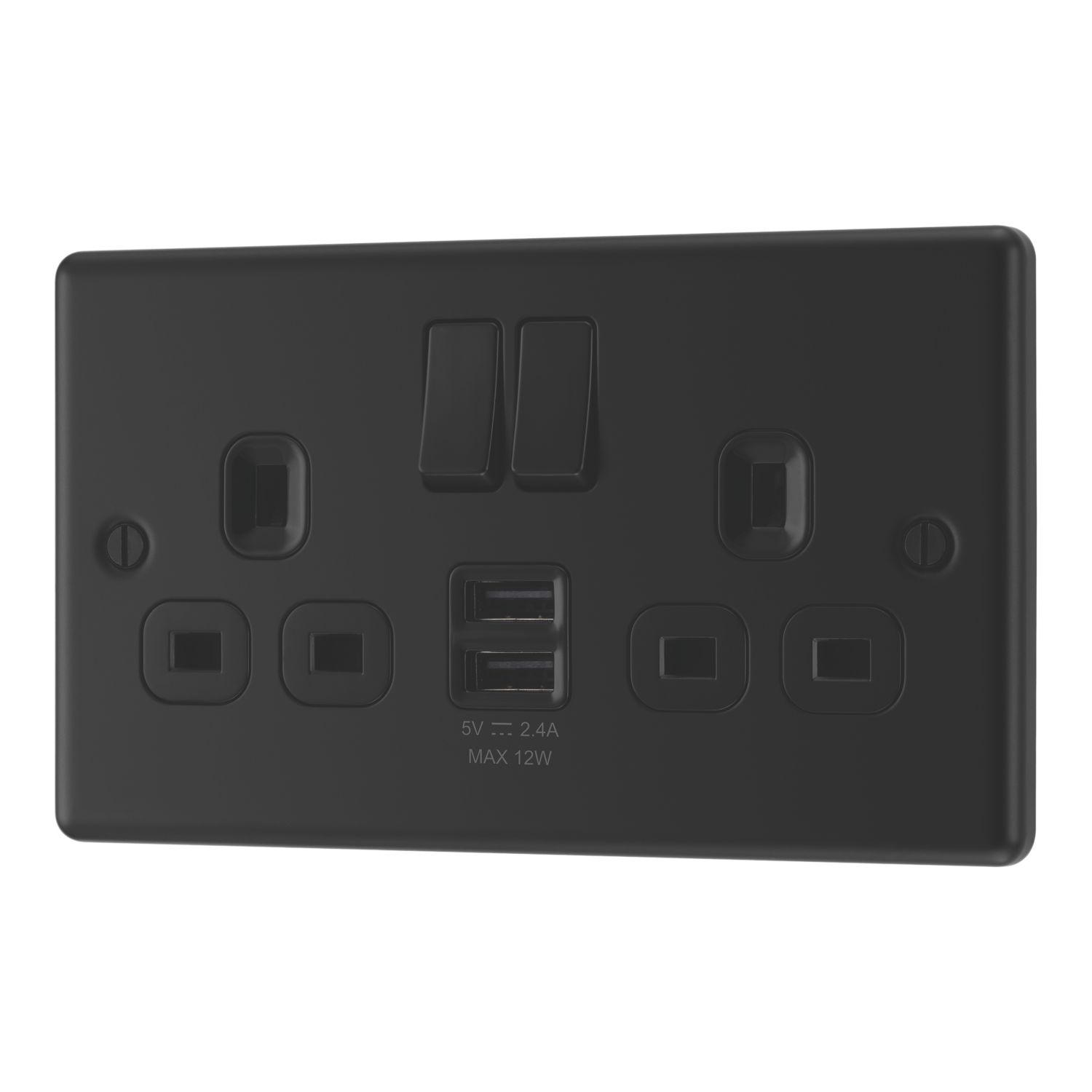 LAP 13A 2-Gang SP Switched Socket + 2.4A 12W 2-Outlet Type A USB Charger Matt Black with Black Inserts (228PN)