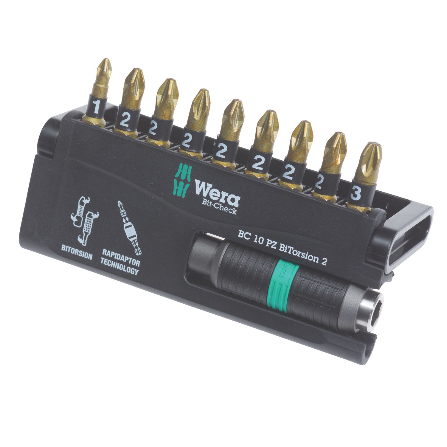 Wera Bit-Check 1/4" Hex Shank PZ BiTorsion Extra-Hard Screwdriver Bit Set 10 Pieces (234FP)