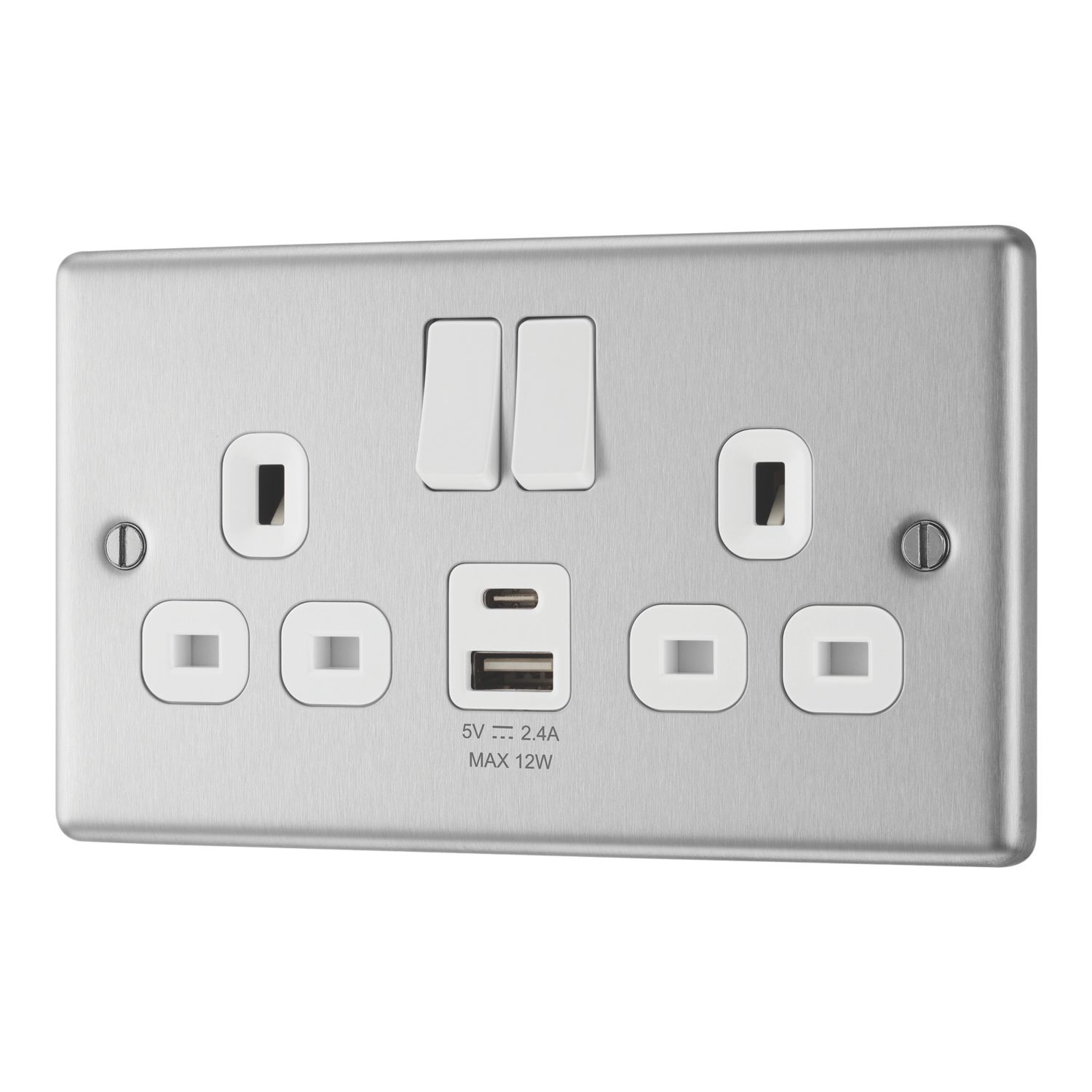 LAP 13A 2-Gang SP Switched Socket + 2.4A 12W 2-Outlet Type A & C USB Charger Brushed Steel with White Inserts (236PN)