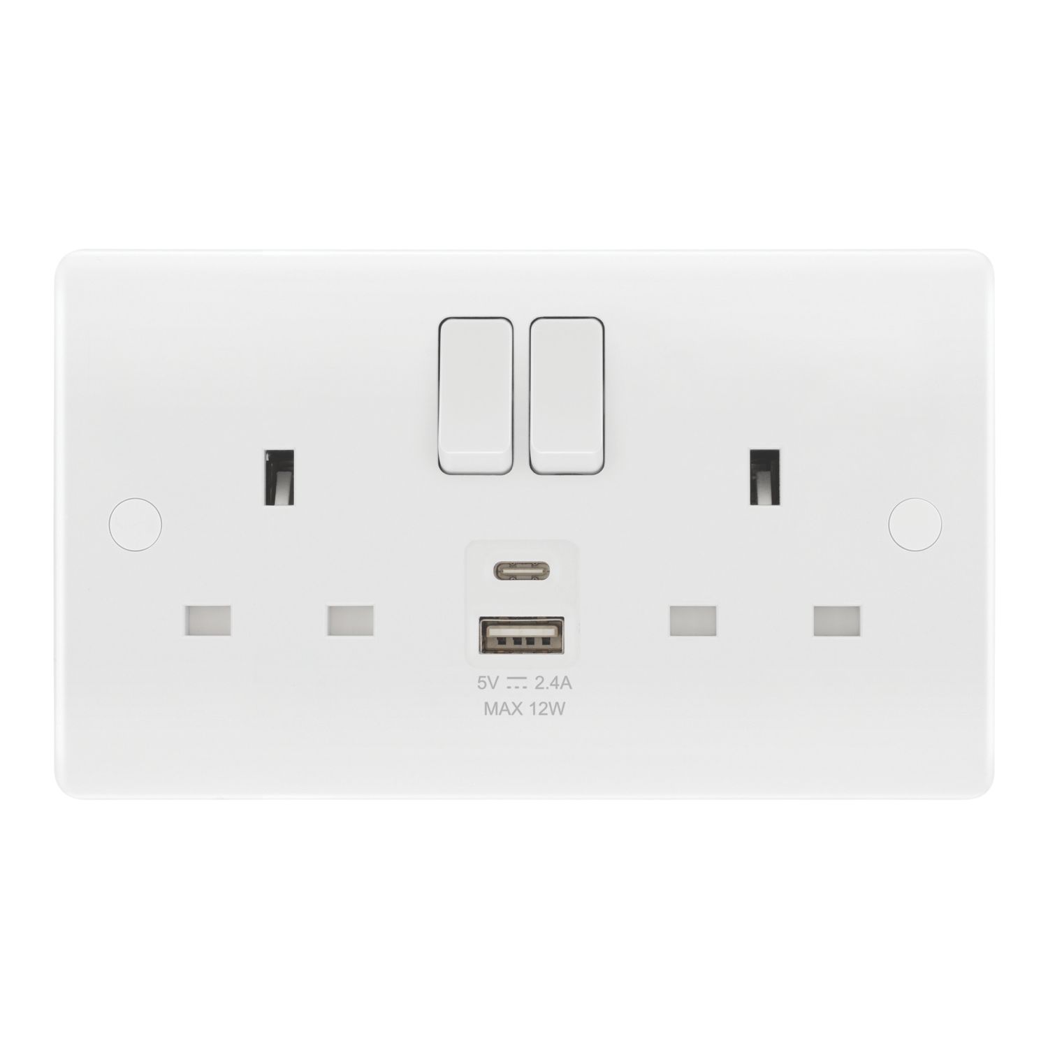 LAP 13A 2-Gang SP Switched Socket + 2.4A 12W 2-Outlet Type A & C USB Charger White (242PN)