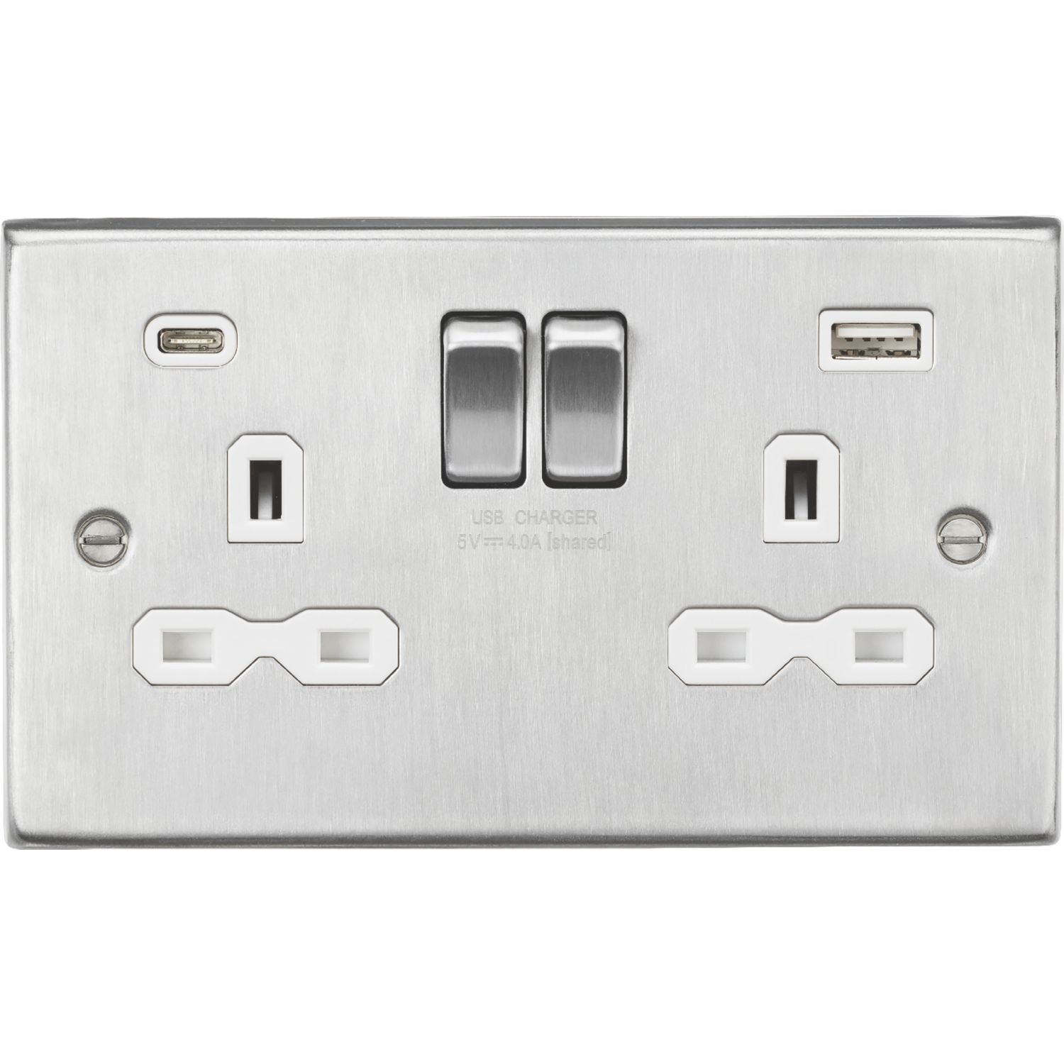 Knightsbridge 13A 2-Gang SP Switched Socket + 4.0A 20W 2-Outlet Type A & C USB Charger Brushed Chrome with White Inserts (242PY)