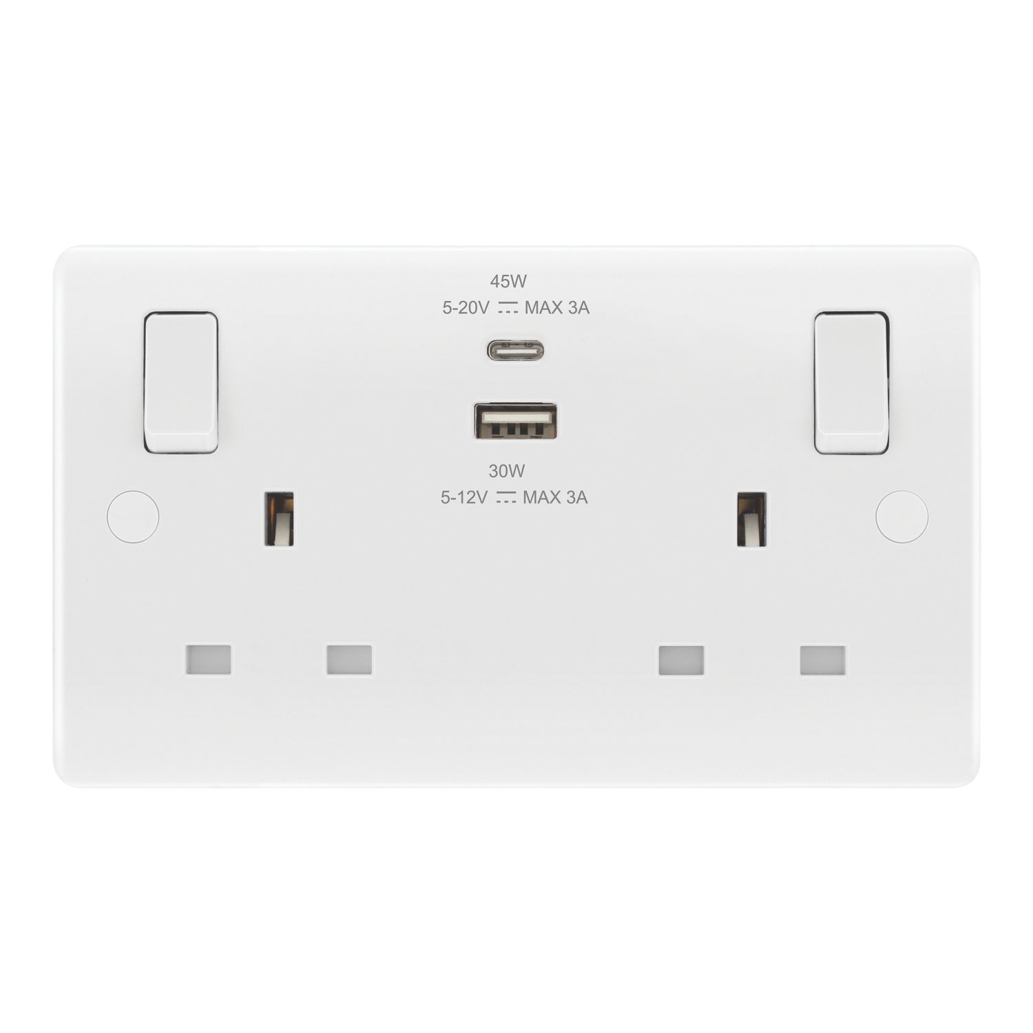LAP 13A 2-Gang SP Switched Socket + 3A 45W 2-Outlet Type A & C USB Charger White (246PN)