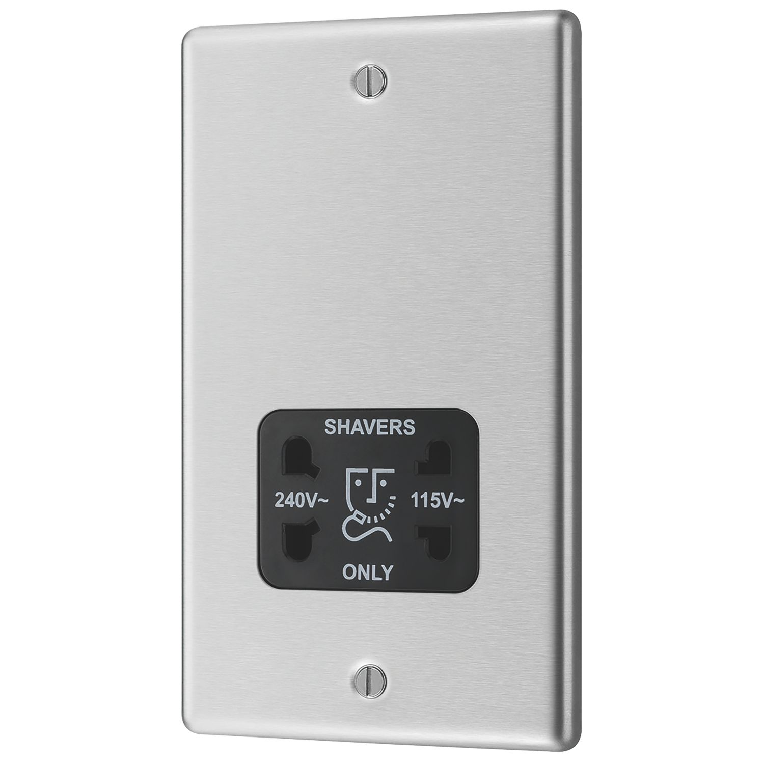 LAP 2-Gang Dual Voltage Shaver Socket 115 / 230V Brushed Stainless Steel with Black Inserts (25094)