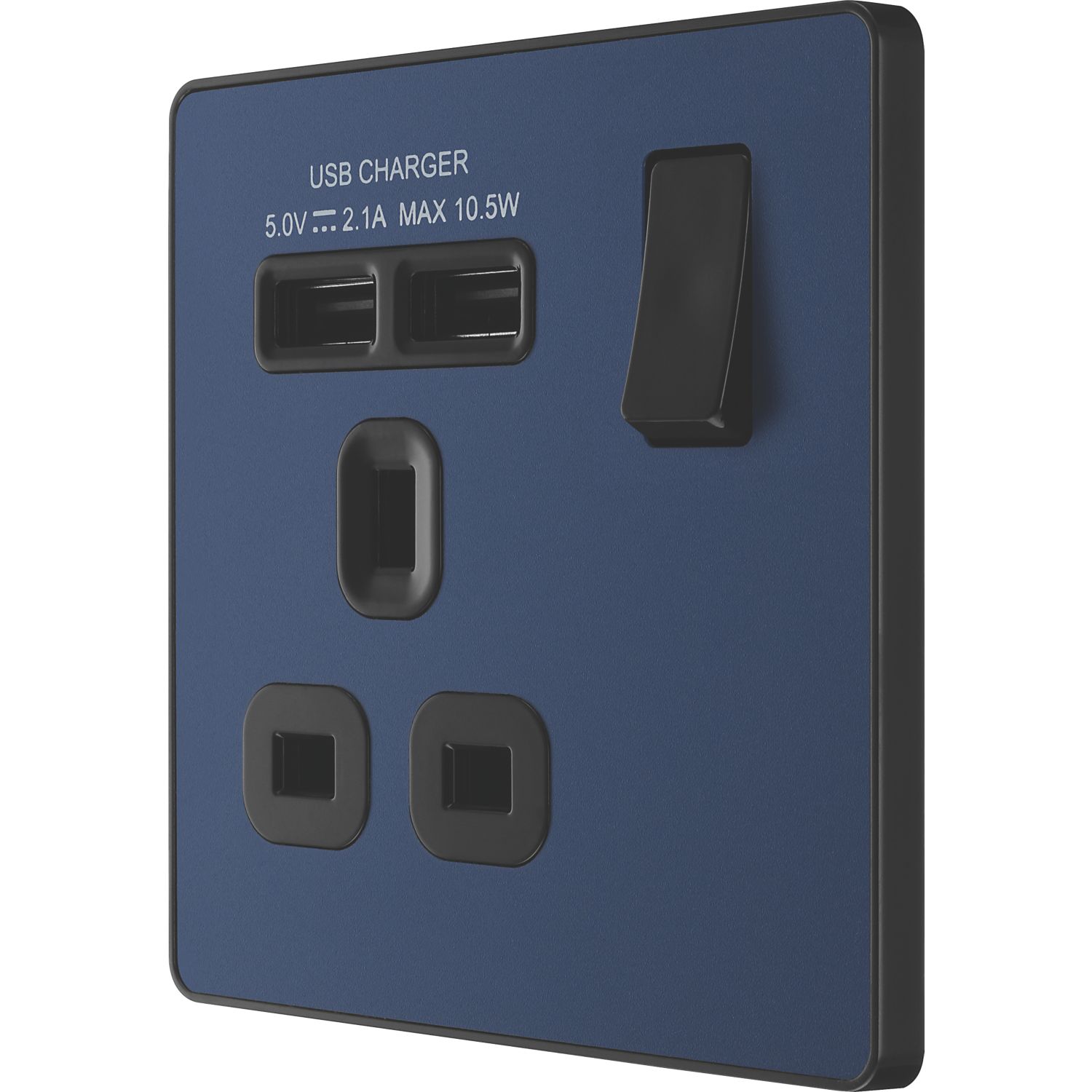 British General Evolve 13A 1-Gang SP Switched Socket + 2.1A 10.5W 2-Outlet Type A USB Charger Blue with Black Inserts (250RF)