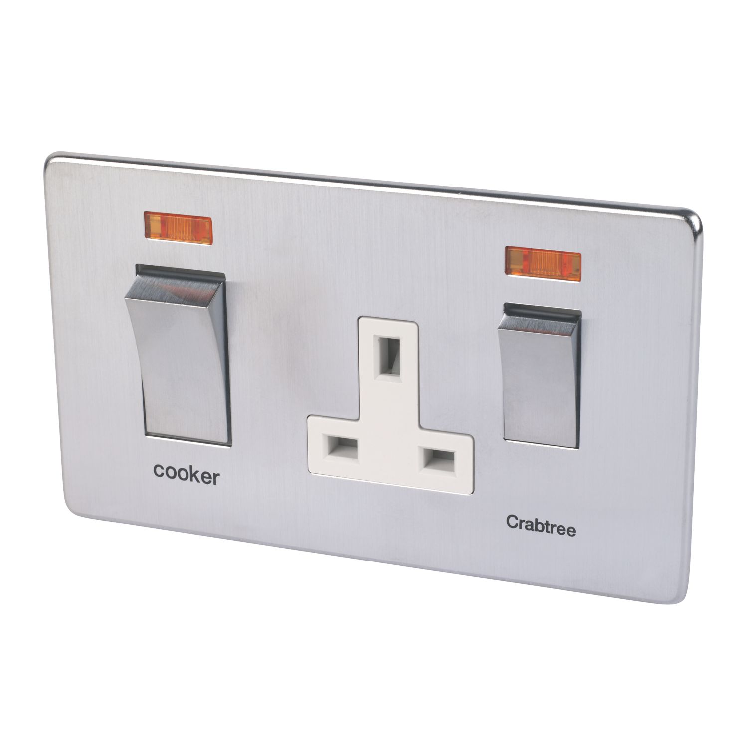 Crabtree Platinum 45A 2-Gang DP Cooker Switch & 13A DP Switched Socket Satin Chrome with Neon with White Inserts (25261)