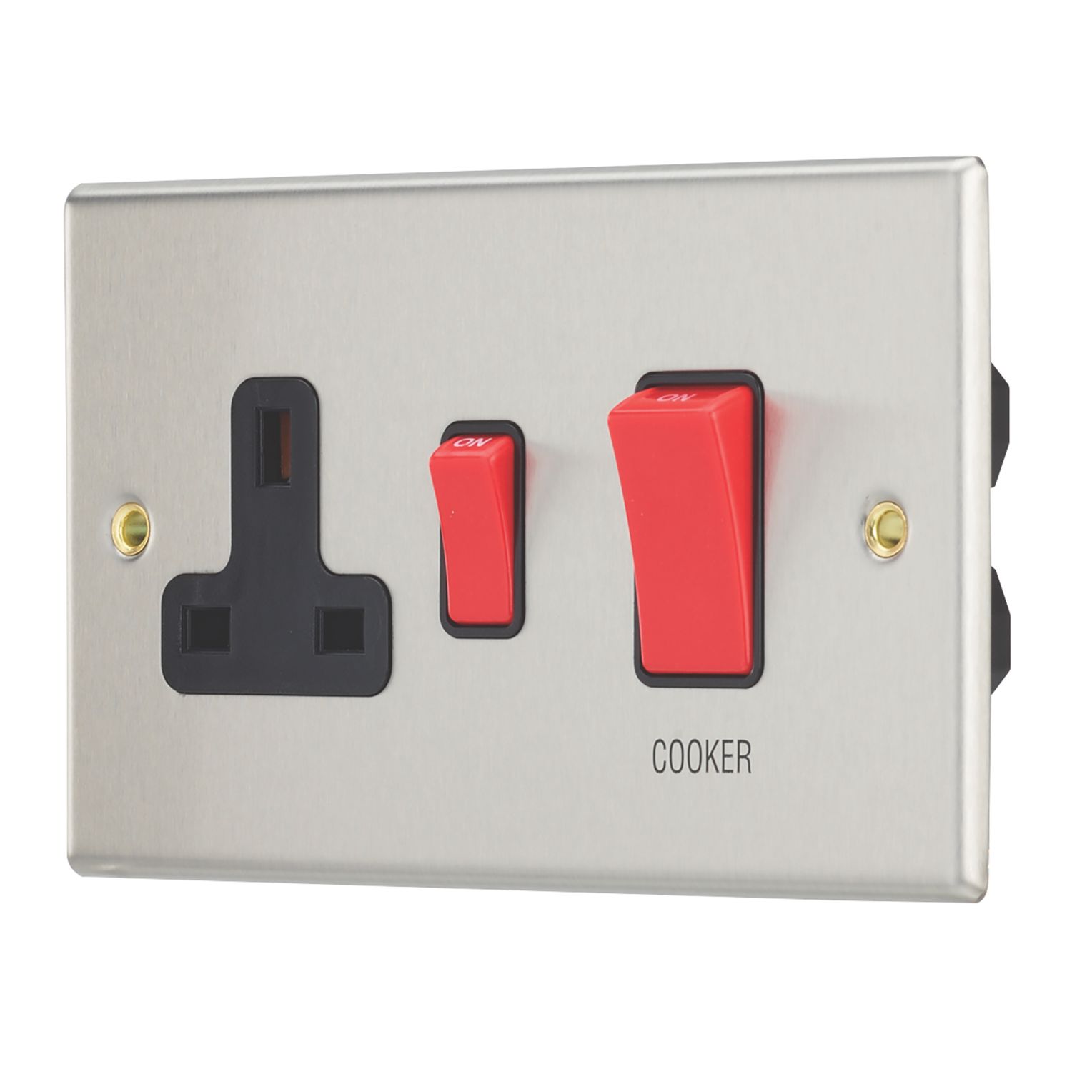 Contactum iConic 45A 2-Gang DP Cooker Switch & 13A DP Switched Socket Brushed Steel with Black Inserts (253RR)