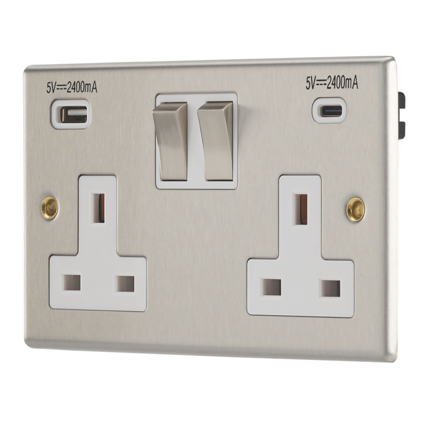 Contactum iConic 13A 2-Gang DP Switched Socket + 4.8A 24W 2-Outlet Type A & C USB Charger Brushed Stainless Steel with White Inserts (264RR)