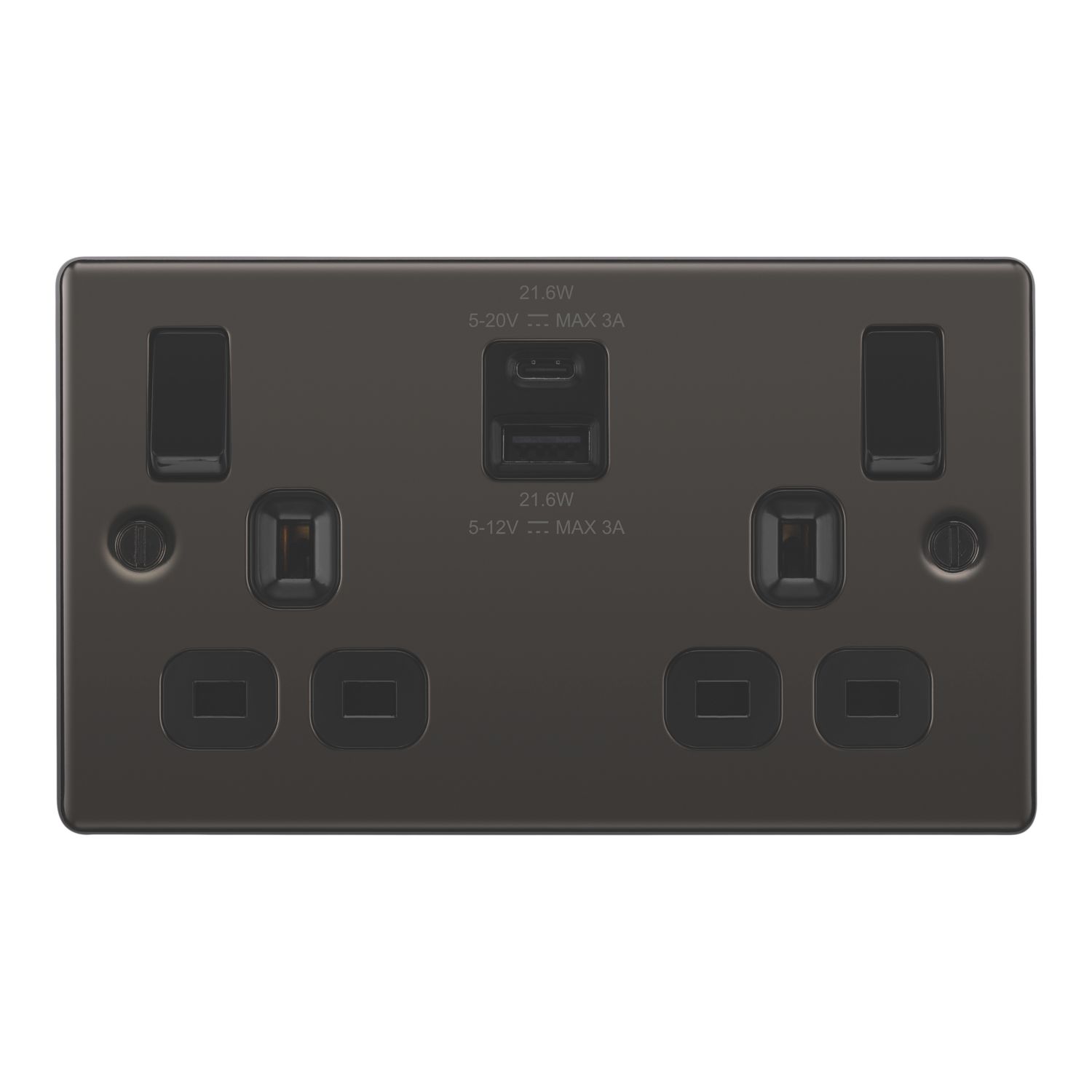 LAP 13A 2-Gang SP Switched Socket + 3A 22W 2-Outlet Type A & C USB Charger Black Nickel with Black Inserts (265PN)