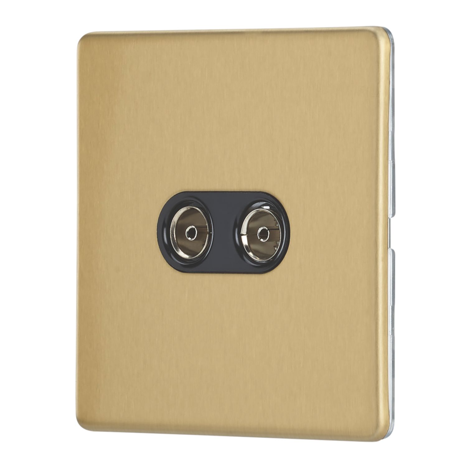 Contactum Lyric 2-Gang Female Coaxial TV Socket Brushed Brass with Black Inserts (266RK)