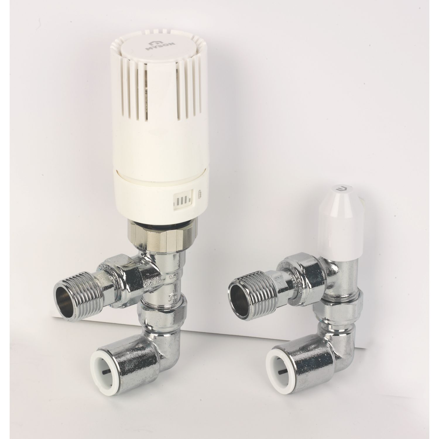 Myson TRV2PAK 15mm x 1/2" Chrome Angled Standard Thermostatic Radiator Valve & Lockshield (270PX)