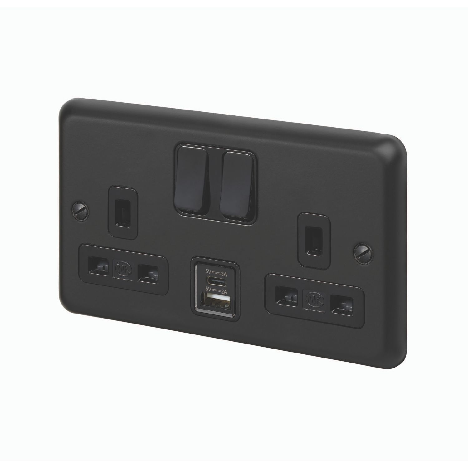MK Contoura 13A 2-Gang DP Switched Socket + 3A 15.5W 2-Outlet Type A & C USB Charger Black with Colour-Matched Inserts (275RG)