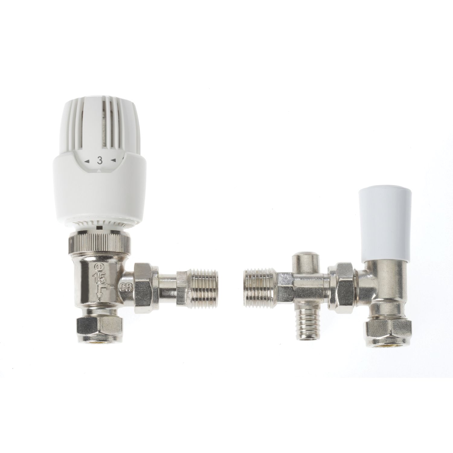Drayton RT414 15mm x 1/2" White Angled & L/S Traditional Thermostatic Radiator Valve & Lockshield With Drain Off (2783R)