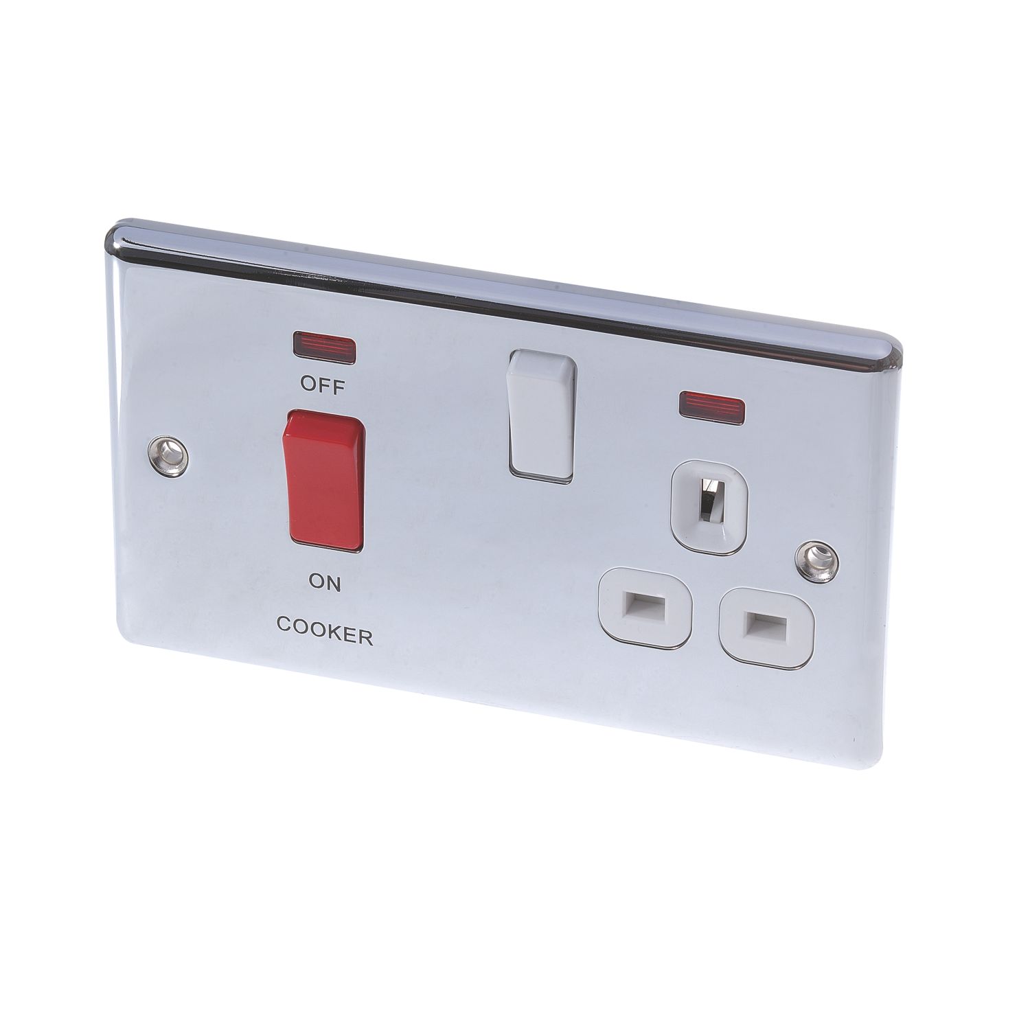 LAP 45A 2-Gang DP Cooker Switch & 13A DP Switched Socket Polished Chrome with Neon with White Inserts (28186)