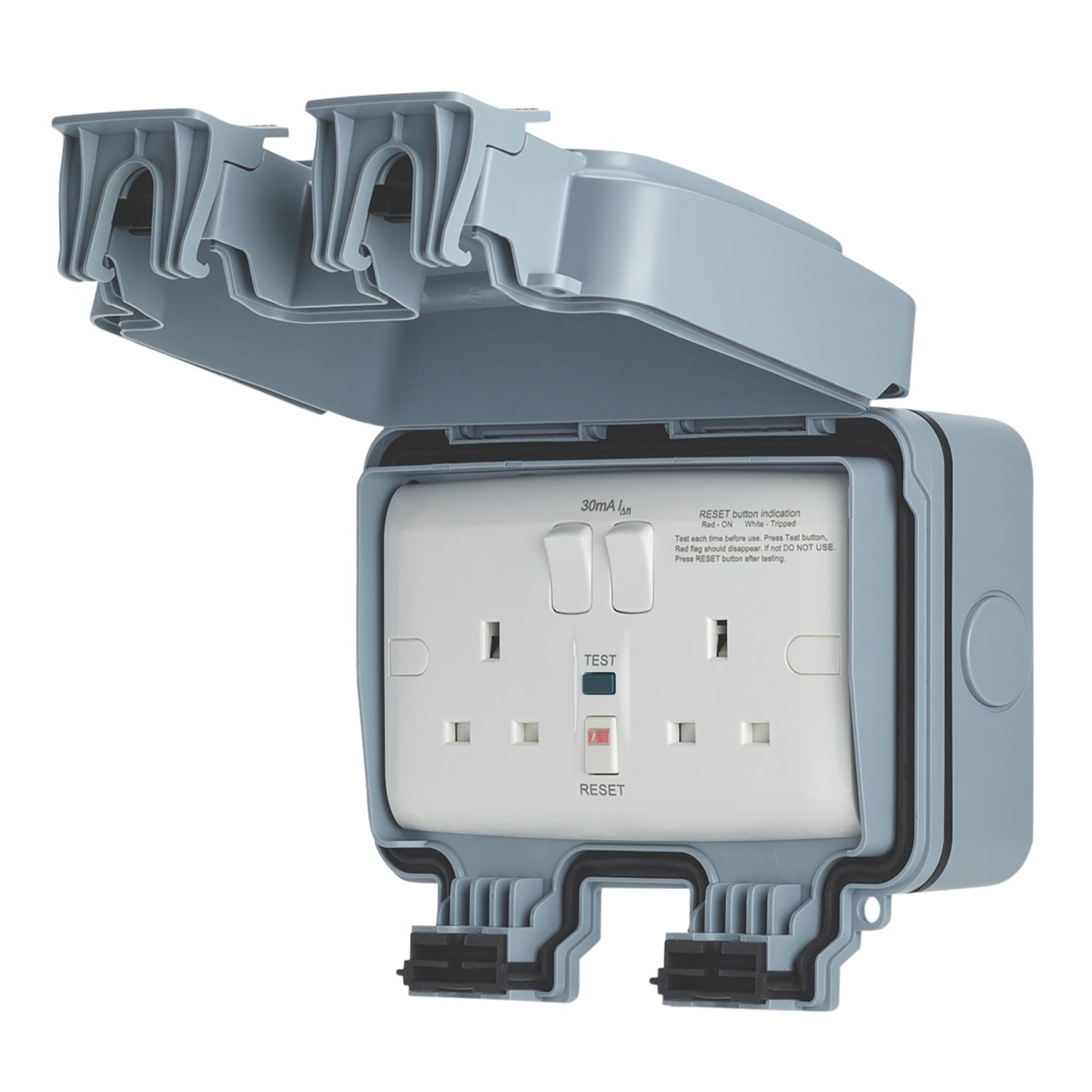 Contactum IP66 13A 2-Gang 2-Pole Weatherproof Outdoor Switched Passive RCD Latching Socket (284RK)