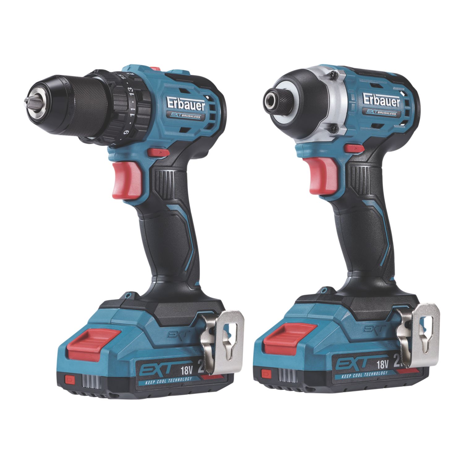 Erbauer 18V 2 x 2.0Ah Li-Ion EXT Brushless Cordless Combi Drill & Impact Driver Twin Pack (298AF)