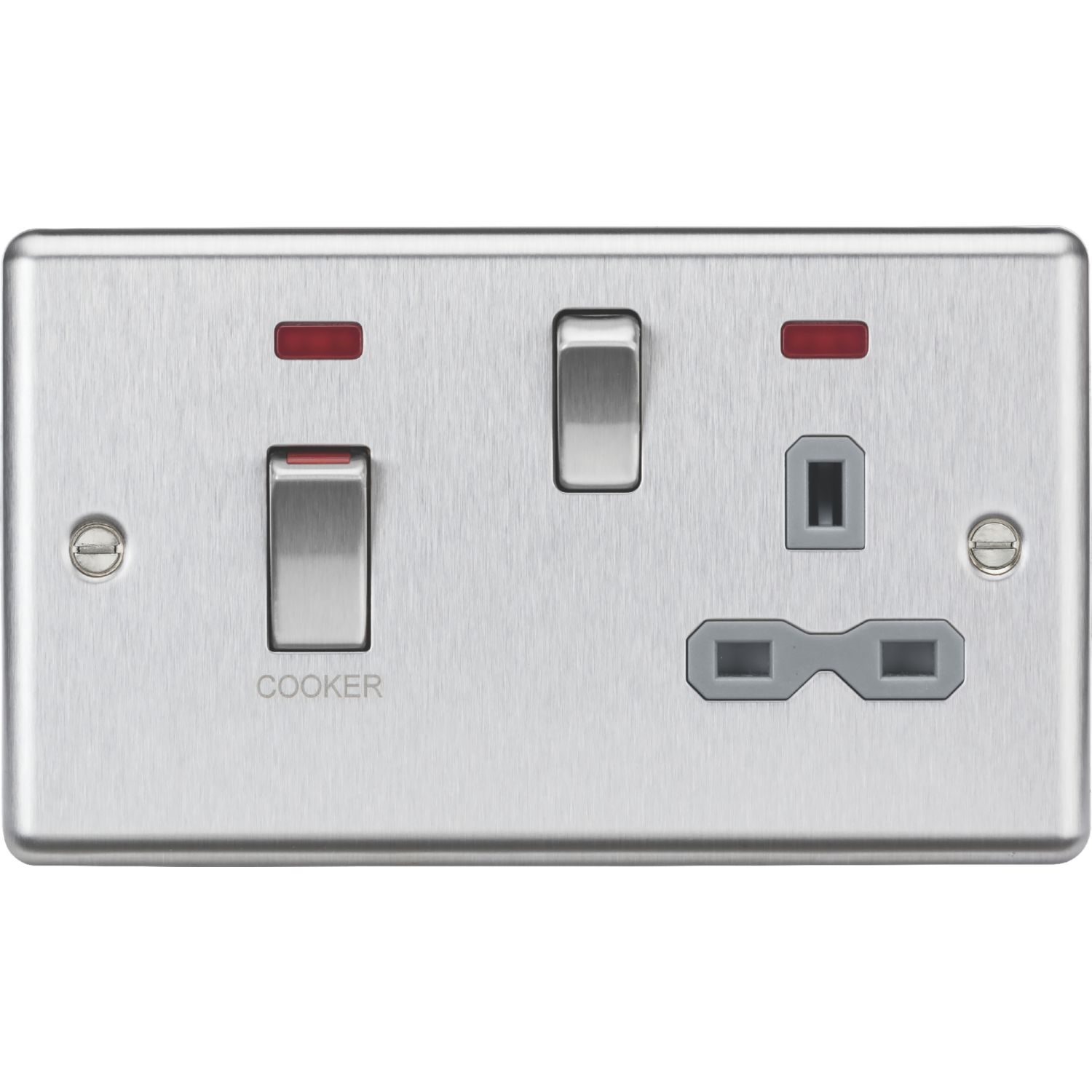 Knightsbridge 45A 2-Gang DP Cooker Switch & 13A DP Switched Socket Brushed Chrome with LED with Colour-Matched Inserts (301TY)