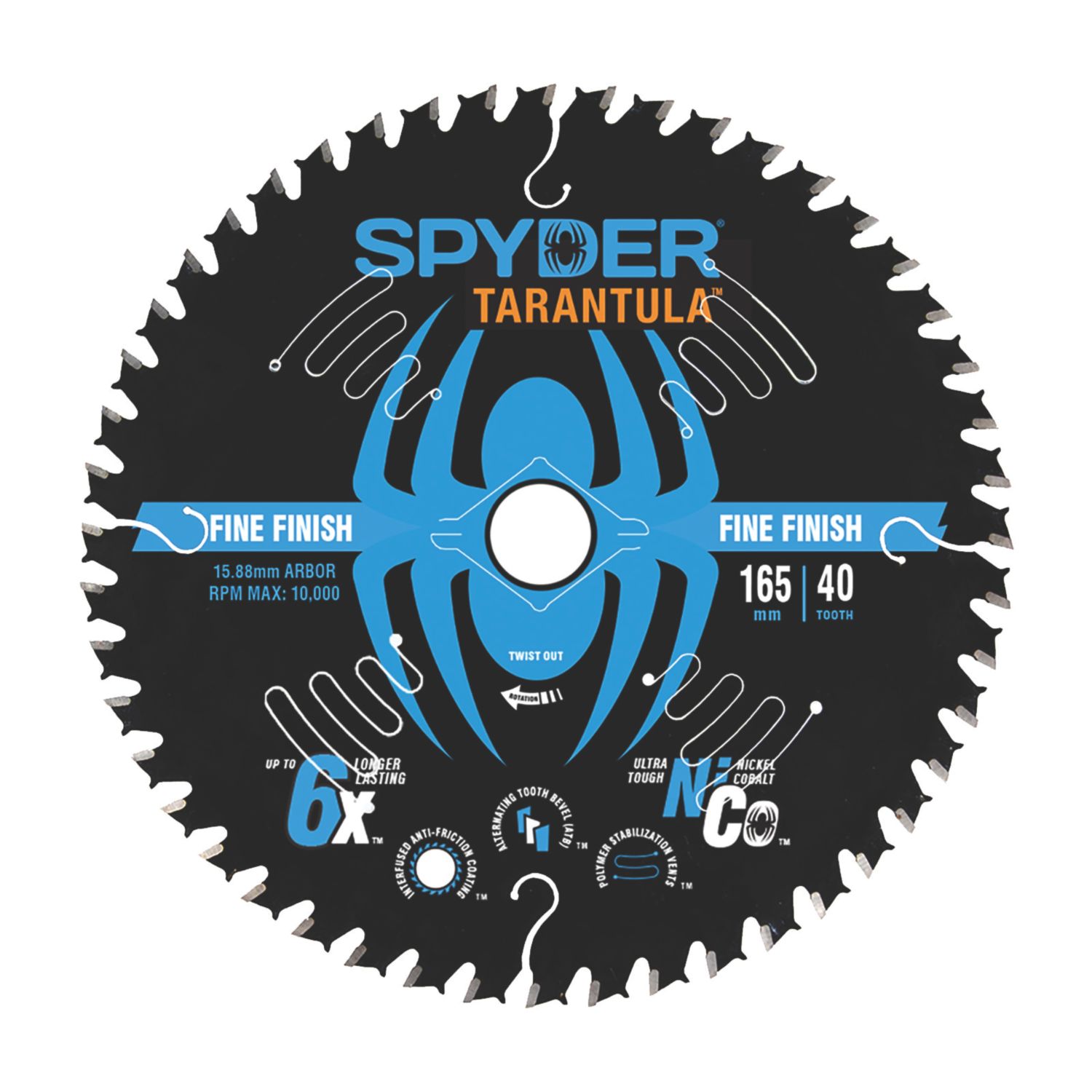 Spyder Tarantula Wood/Chipboard/MDF Fine Circular Saw Blade (20A) 165mm x 16mm 40T (301YL)