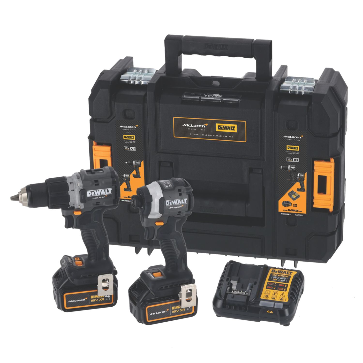 DeWalt McLaren F1 Team DCK200MM2T-GB 18V 2 x 4Ah Li-Ion XR Brushless Cordless Combi & Impact Driver Twin Kit (301YU)