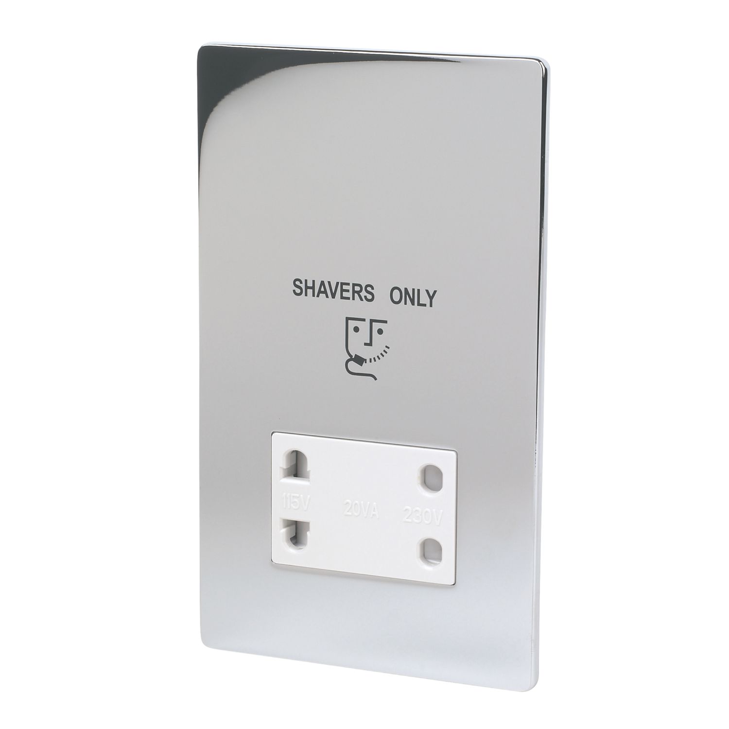 LAP 2-Gang Dual Voltage Shaver Socket 115 / 230V Polished Chrome with White Inserts (30757)