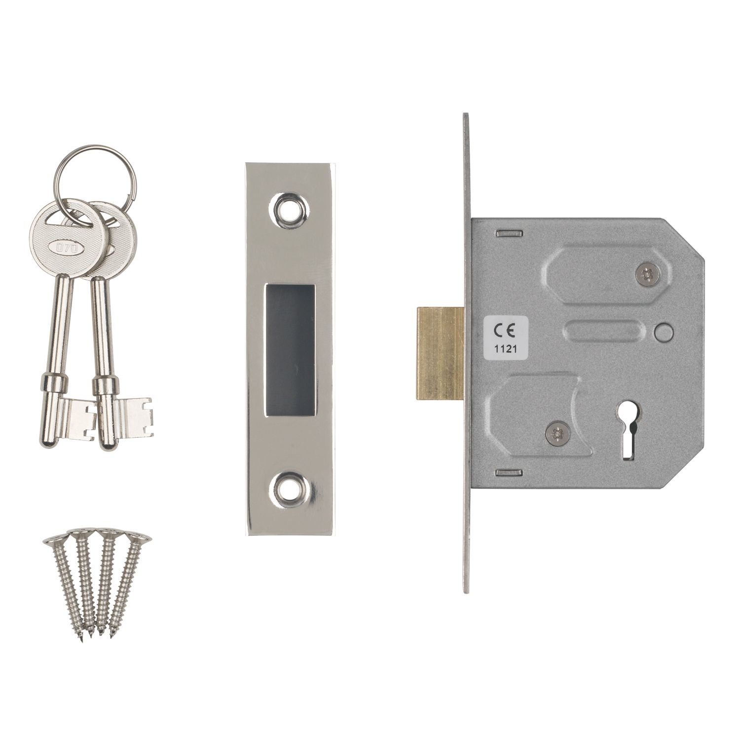 Smith & Locke Fire Rated 3 Lever Nickel-Plated Mortice Deadlock 64mm Case - 44mm Backset (3090G)
