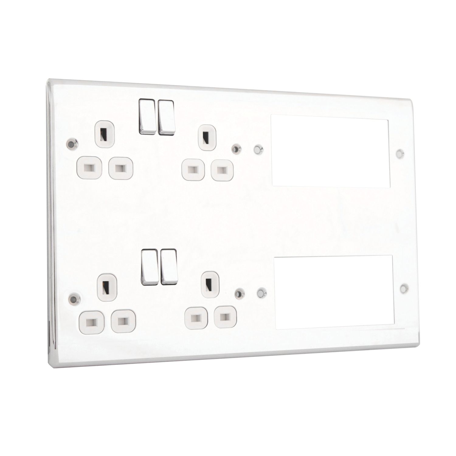 British General Nexus Metal 13A 4-Gang DP Combination Plate Polished Chrome with White Inserts (3112F)