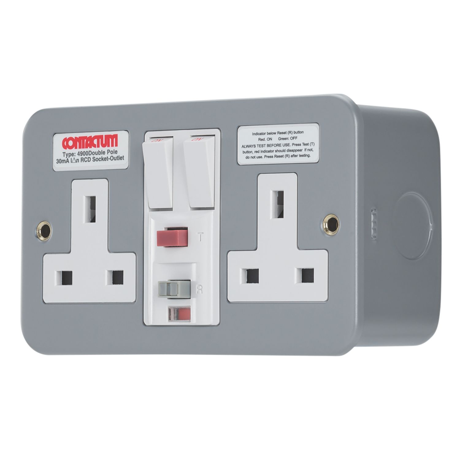 Contactum 13A 2-Gang 2-Pole Switched Metal Clad Passive RCD Socket with White Inserts (312RP)