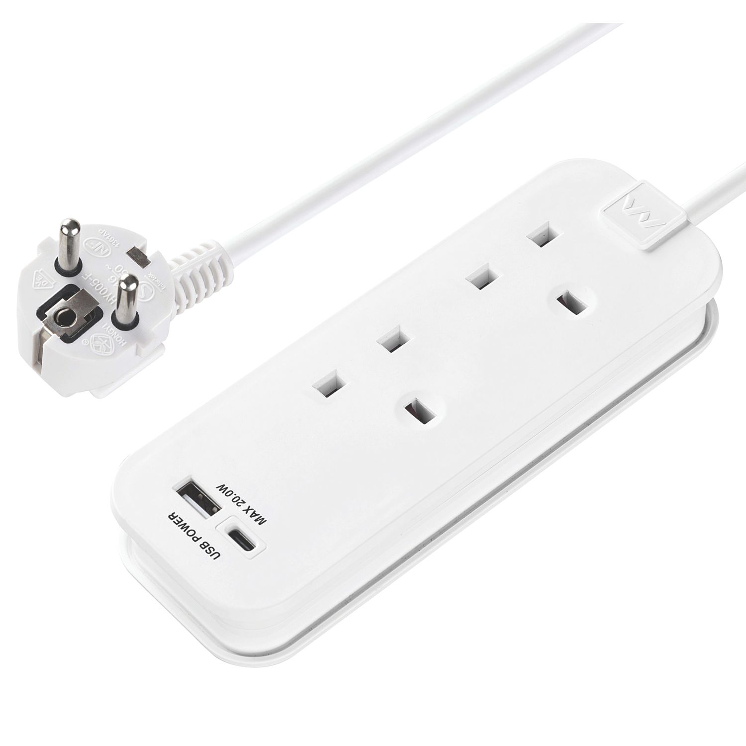 Masterplug 13A 2-Gang Unswitched Travel Extension Lead (UK to EU) + 3.4A 2-Outlet Type A & C USB Charger White 0.45m (316CH)