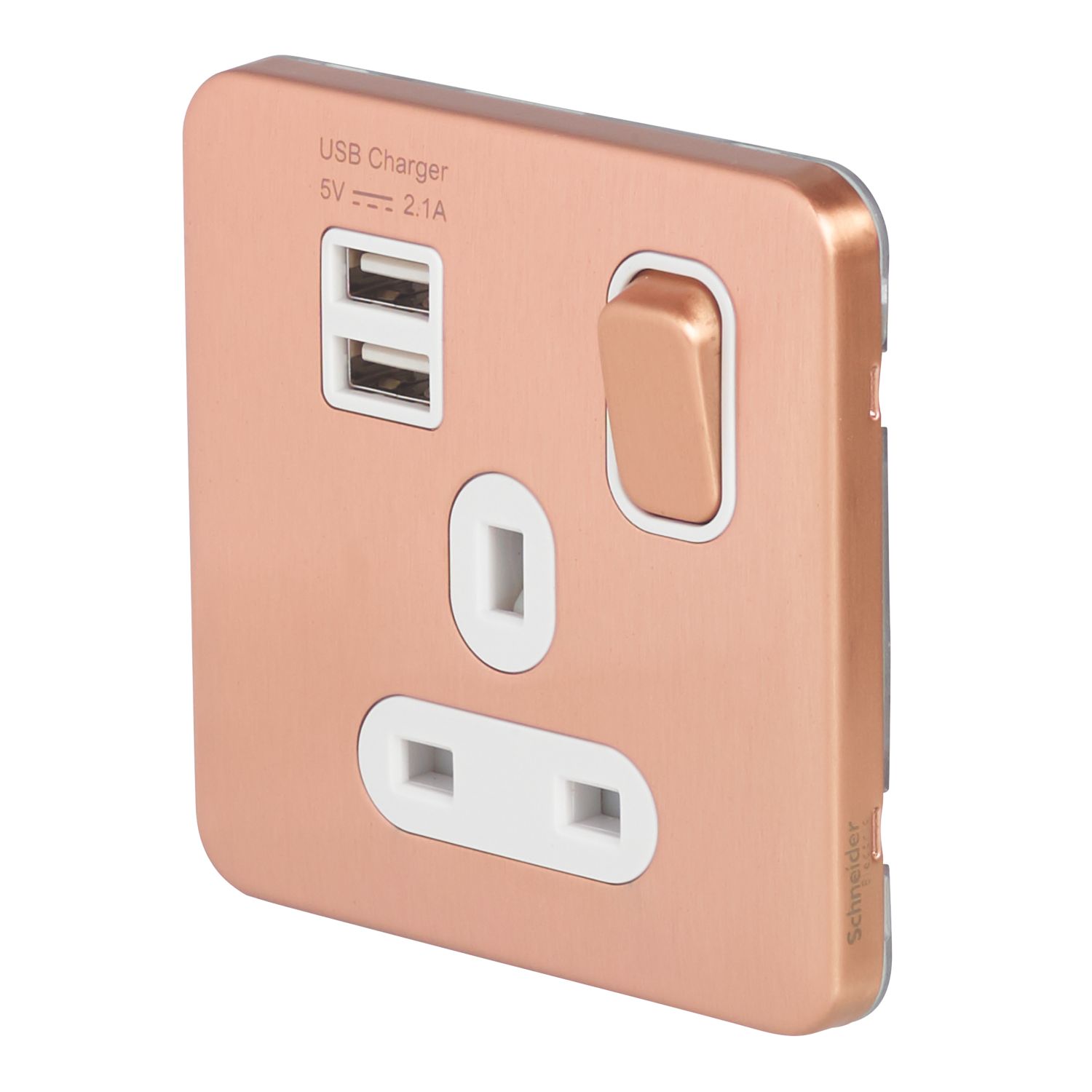 Schneider Electric Lisse Deco 13A 1-Gang SP Switched Socket + 2.1A 2-Outlet Type A USB Charger Copper with White Inserts (317HX)
