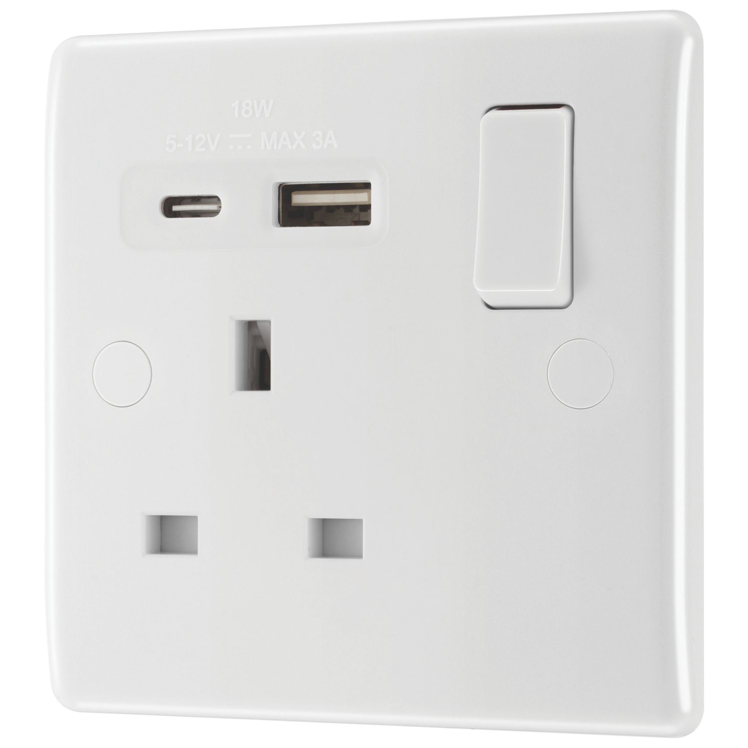 British General 800 Series 13A 1-Gang SP Switched Socket + 3A 18W 2-Outlet Type A & C USB Charger White (320CH)