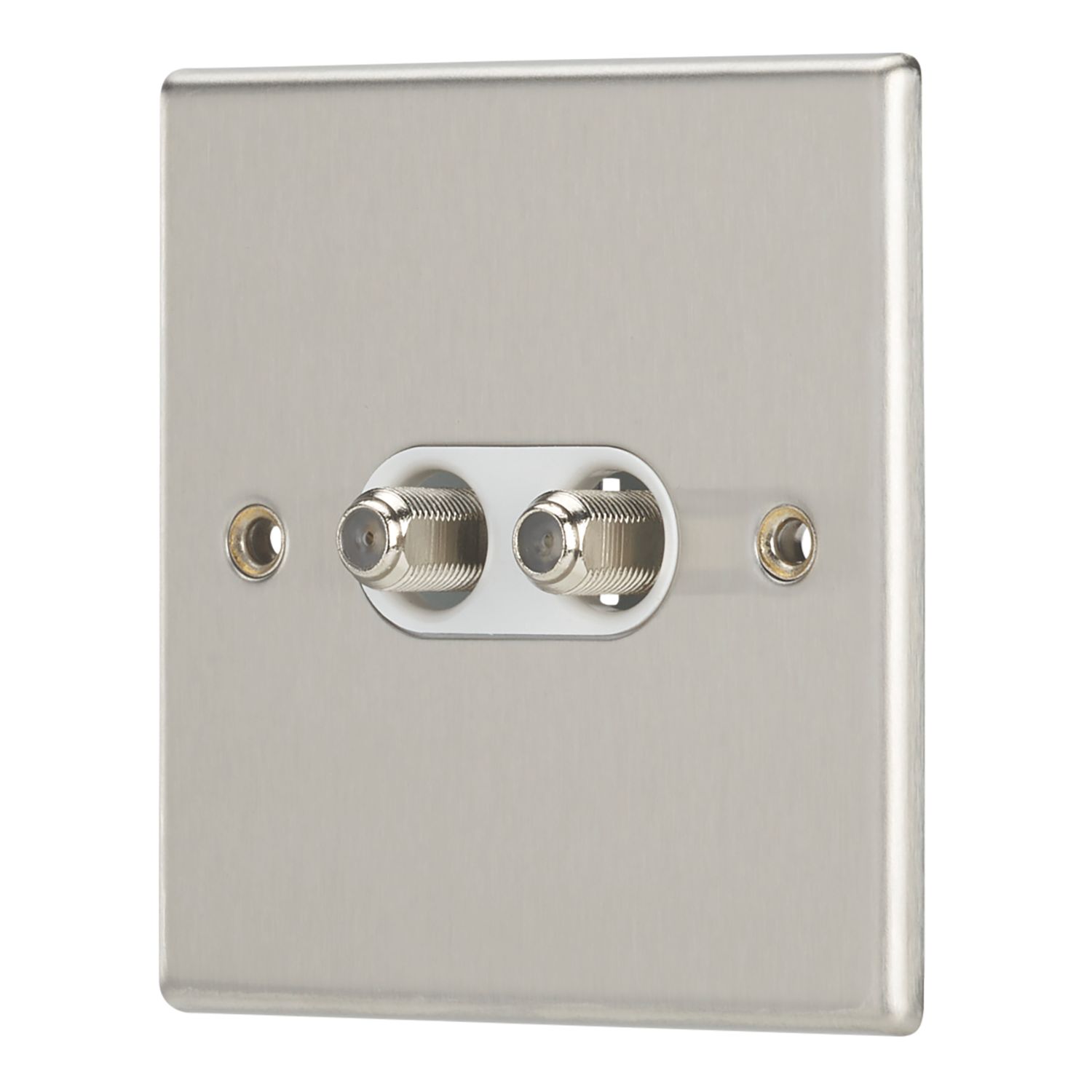 Contactum iConic 2-Gang F-Type Satellite Socket Brushed Steel with White Inserts (322RP)