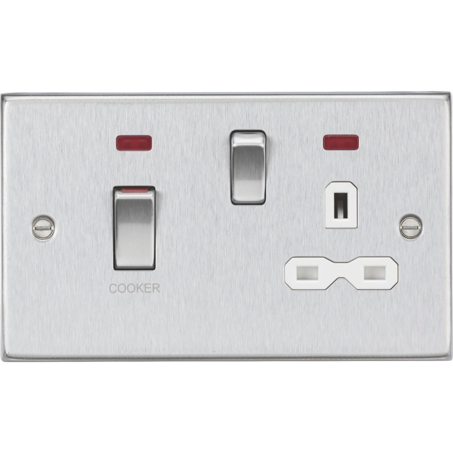 Knightsbridge 45A 2-Gang DP Cooker Switch & 13A DP Switched Socket Brushed Chrome with LED with White Inserts (322VR)