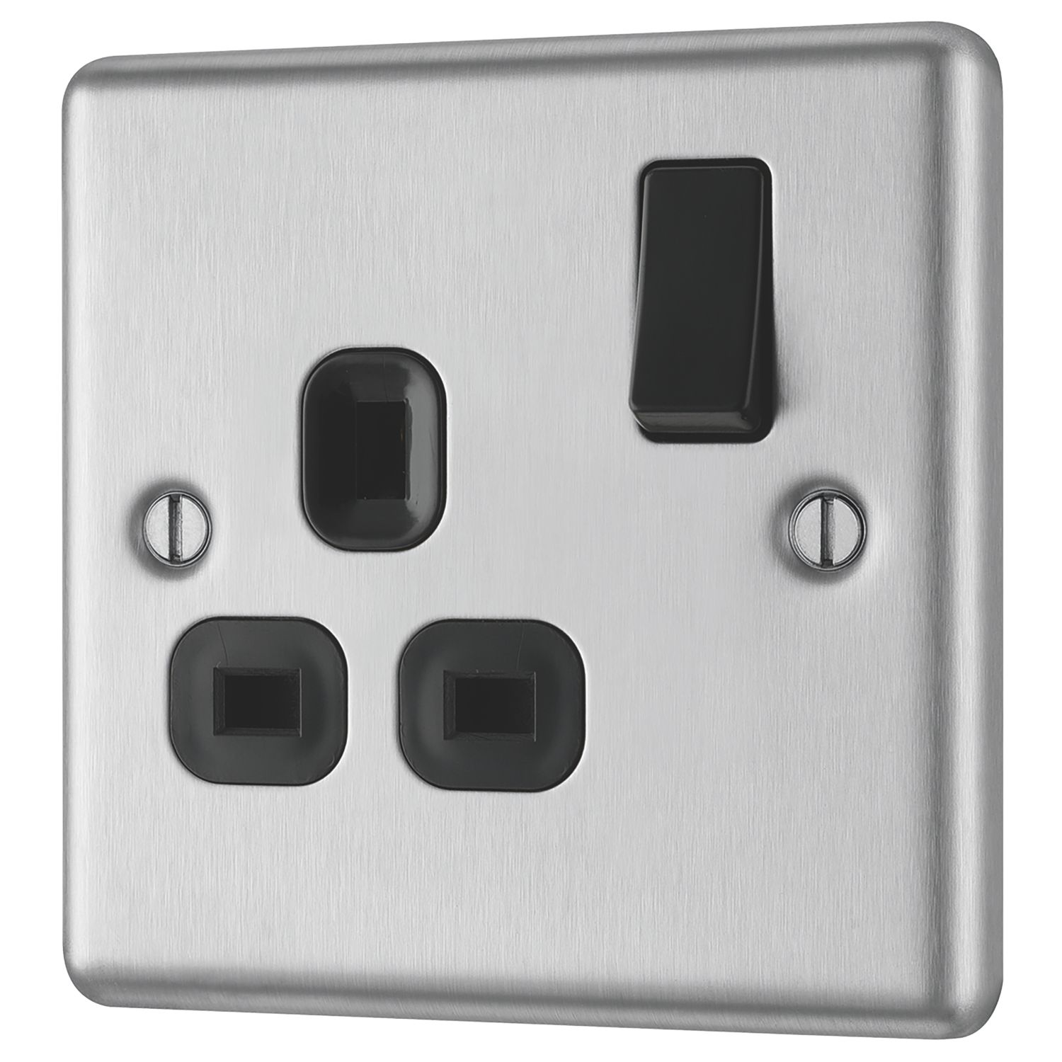 LAP 13A 1-Gang SP Switched Plug Socket Brushed Stainless Steel with Black Inserts (3234C)
