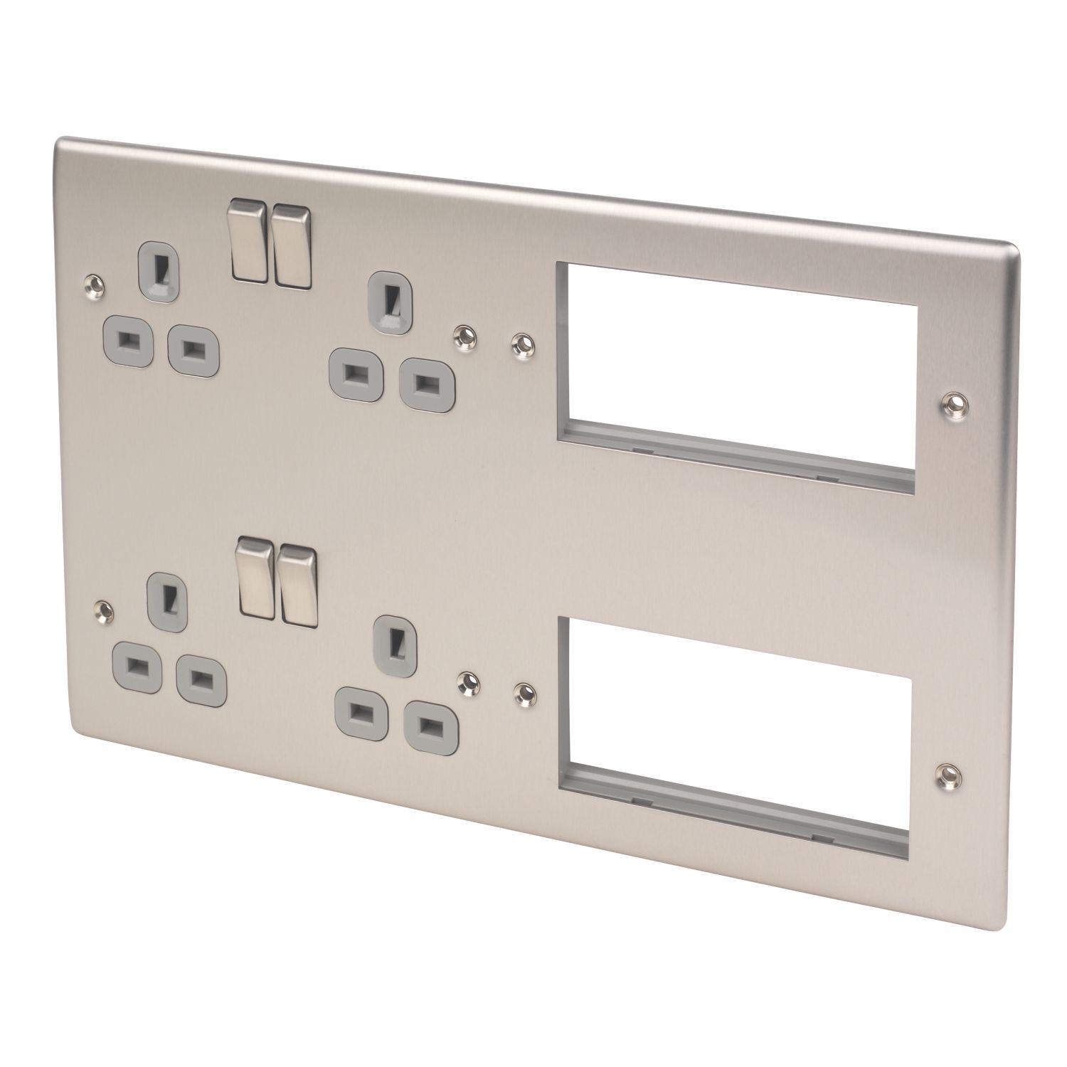 British General Nexus Metal 13A 4-Gang DP Combination Plate Brushed Steel with Grey Inserts (3241F)