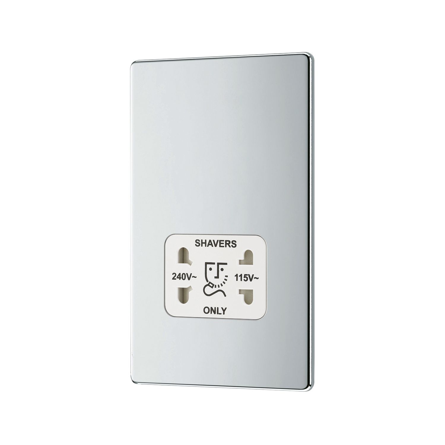LAP 2-Gang Dual Voltage Shaver Socket 115 / 230V Polished Chrome with White Inserts (326KJ)