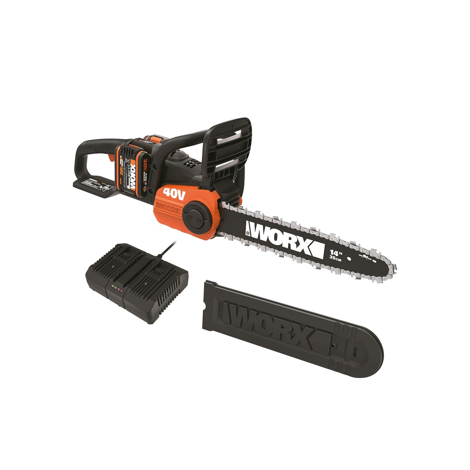 Worx WG384E 40V 2 x 2.0Ah Lithium PowerShare Brushless Cordless 35cm Chainsaw (329HA)