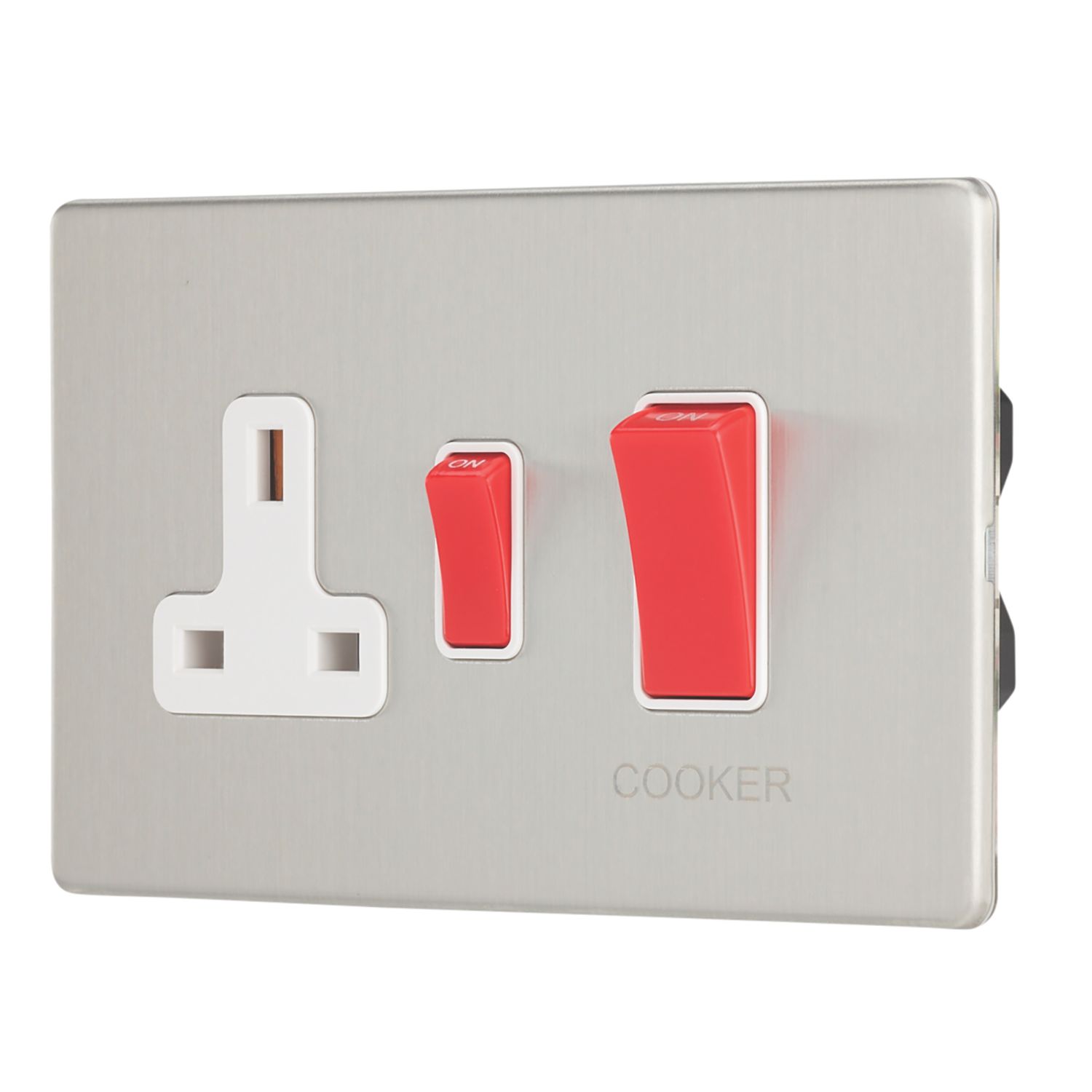 Contactum Lyric 45A 2-Gang DP Cooker Switch & 13A DP Switched Socket Brushed Steel with White Inserts (329RP)