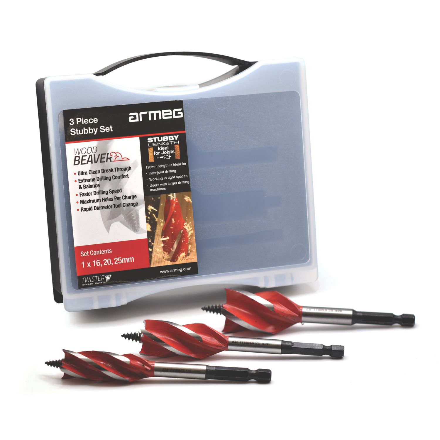 Armeg Wood Beaver Hex Shank 4-Flute Auger Wood Stubby Drill Bit Set 3 Pieces (33325)