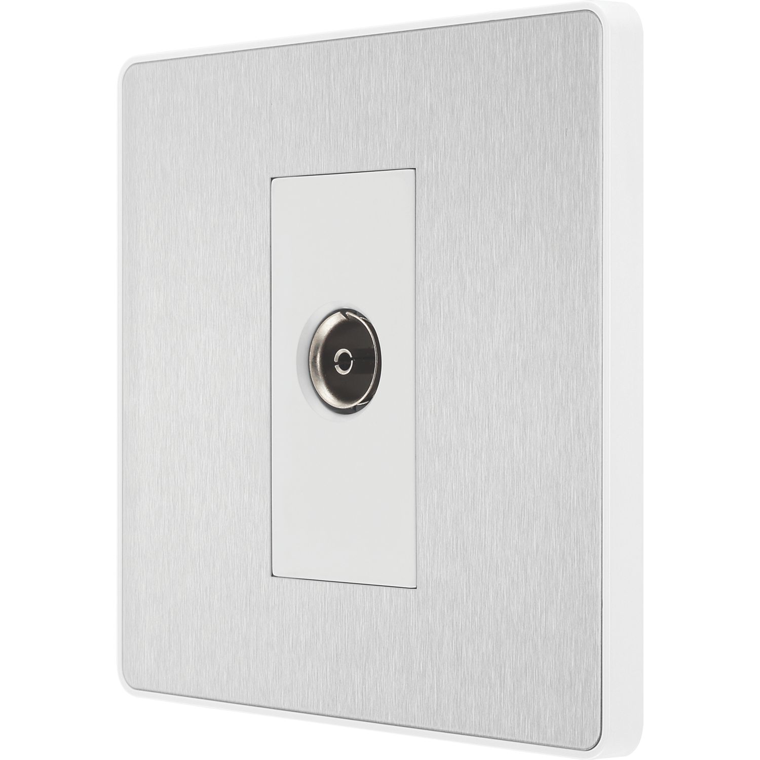 British General Evolve 1-Gang Coaxial TV / FM Socket Brushed Steel with White Inserts (334RF)