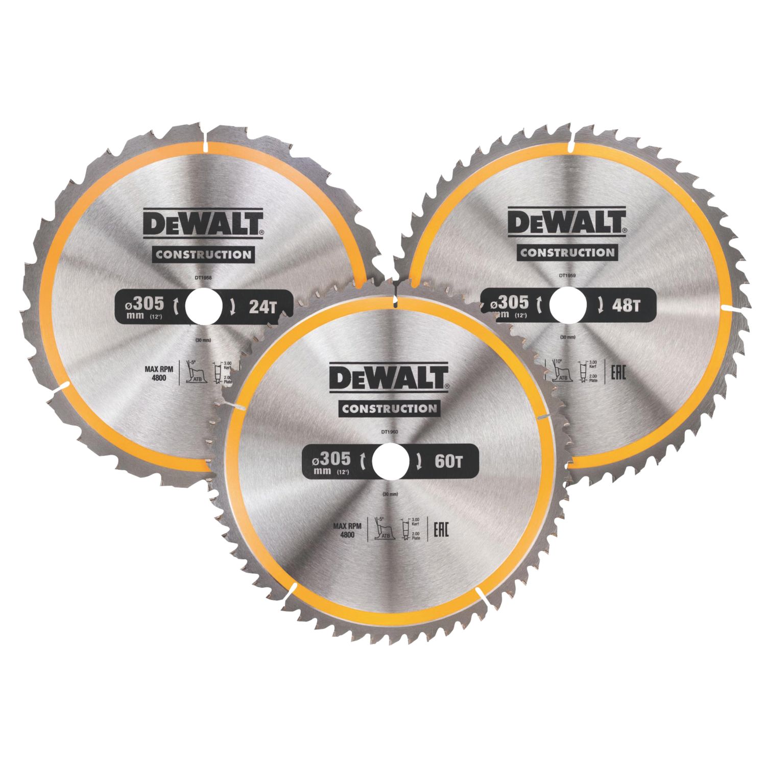 DEWALT Wood Circular Saw Blades 305mm x 30mm 24/48/60T 3 Pieces (335KY)