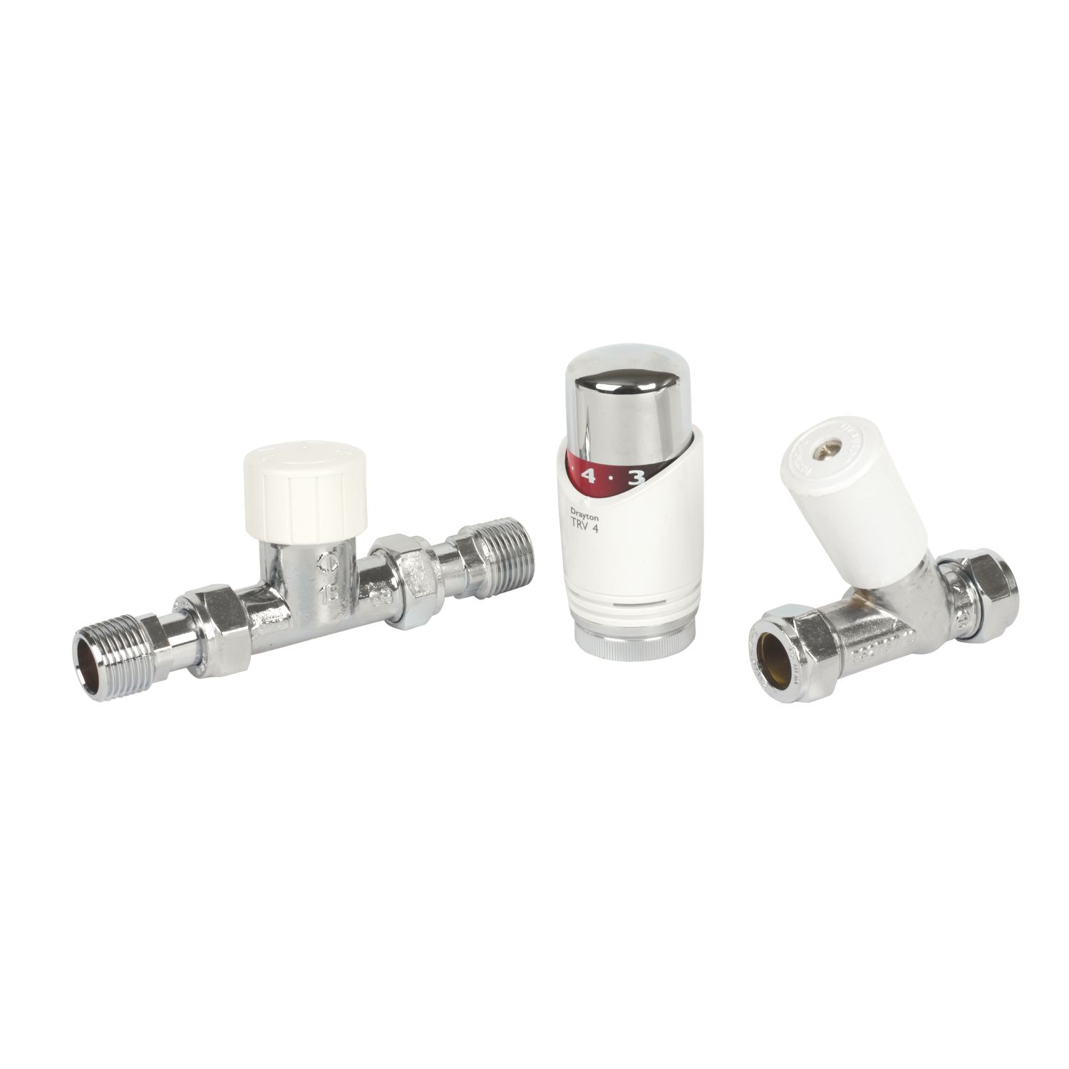 Drayton TRV4 15mm x 1/2" White/Chrome Straight & L/S Designer Thermostatic Radiator Valve & Lockshield (34063)