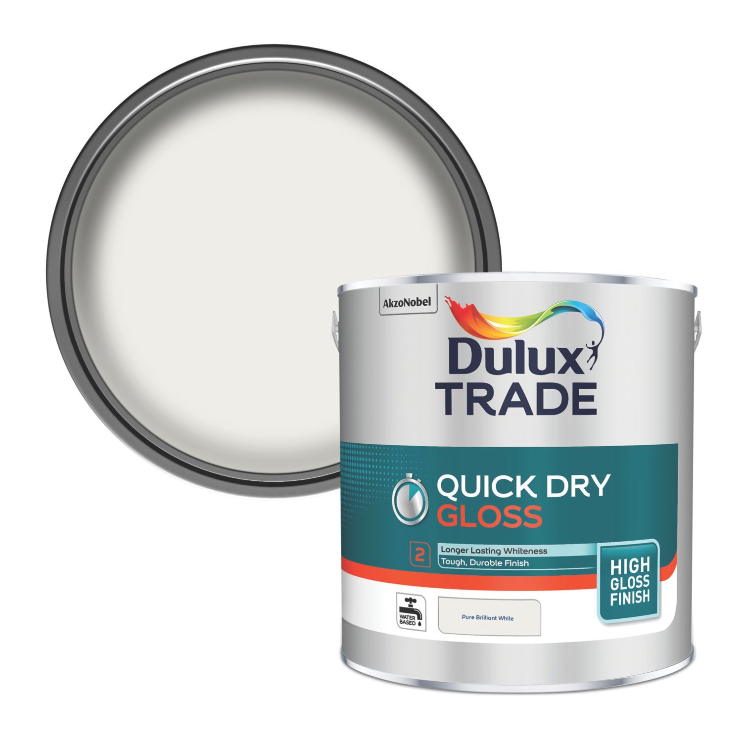 Dulux Trade 2.5Ltr Pure Brilliant White High Gloss Water-Based Trim Paint (3522P)