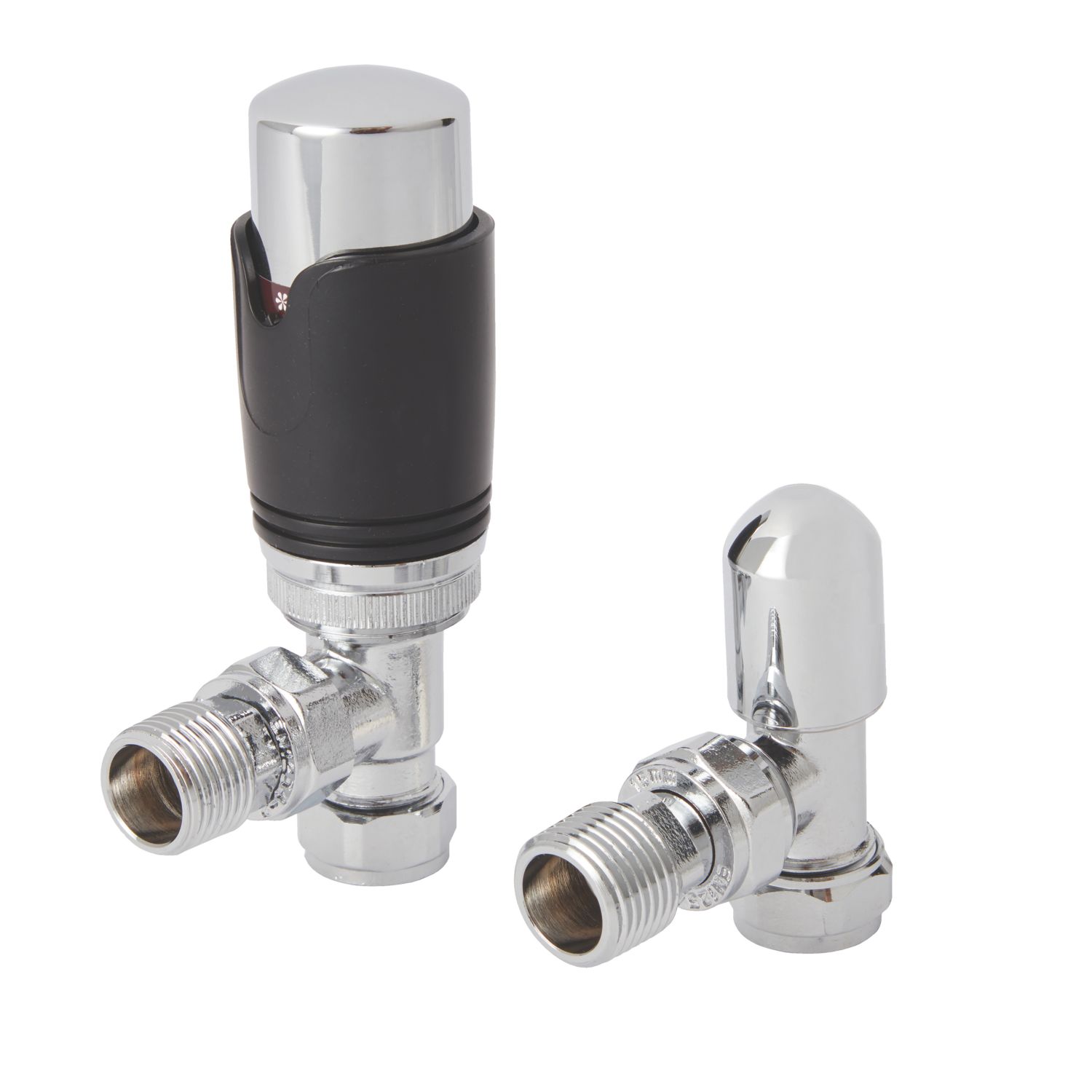 Flomasta 1/2" x 15mm Black/Chrome Angled & L/S Modern Thermostatic Radiator Valve & Lockshield (356FW)