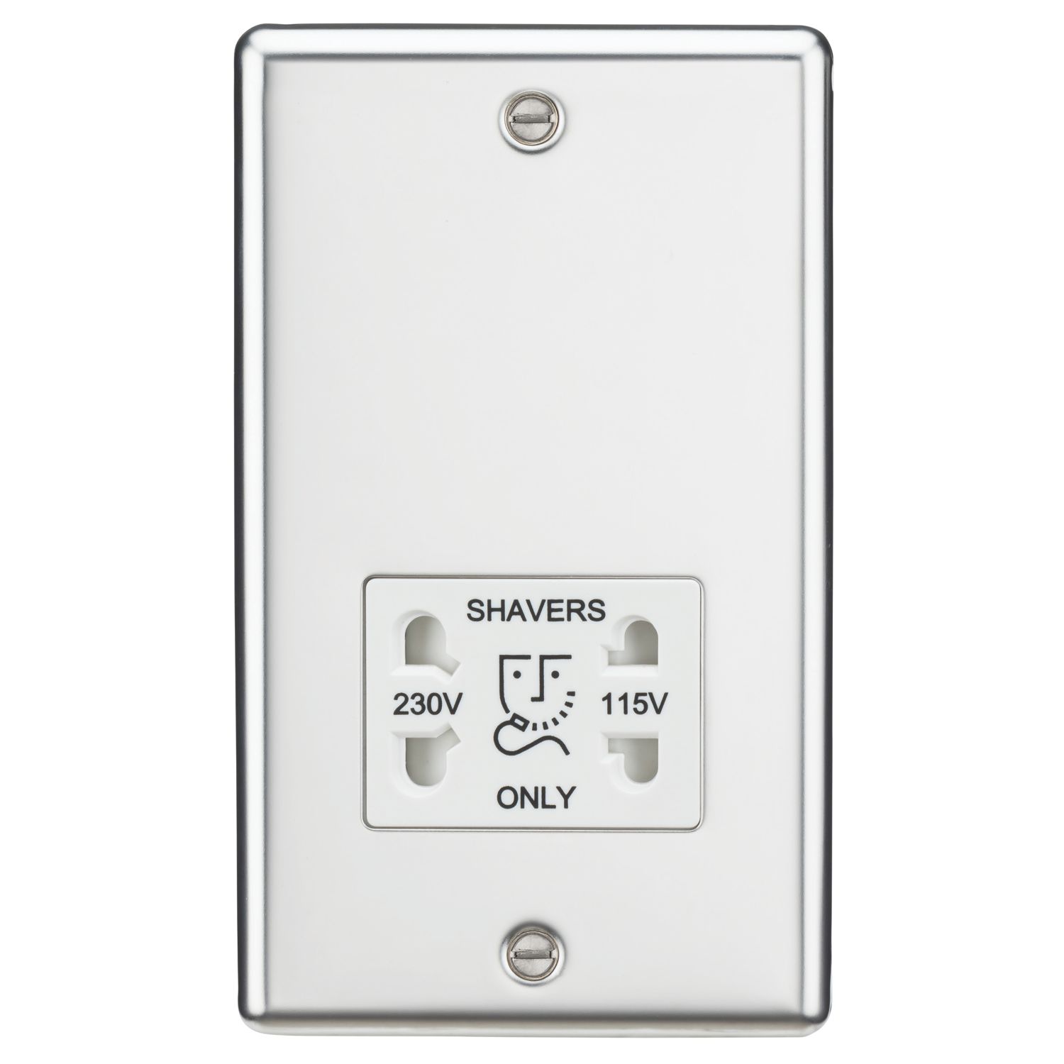 Knightsbridge 2-Gang Dual Voltage Shaver Socket 115 V / 230V Polished Chrome with White Inserts (357TY)