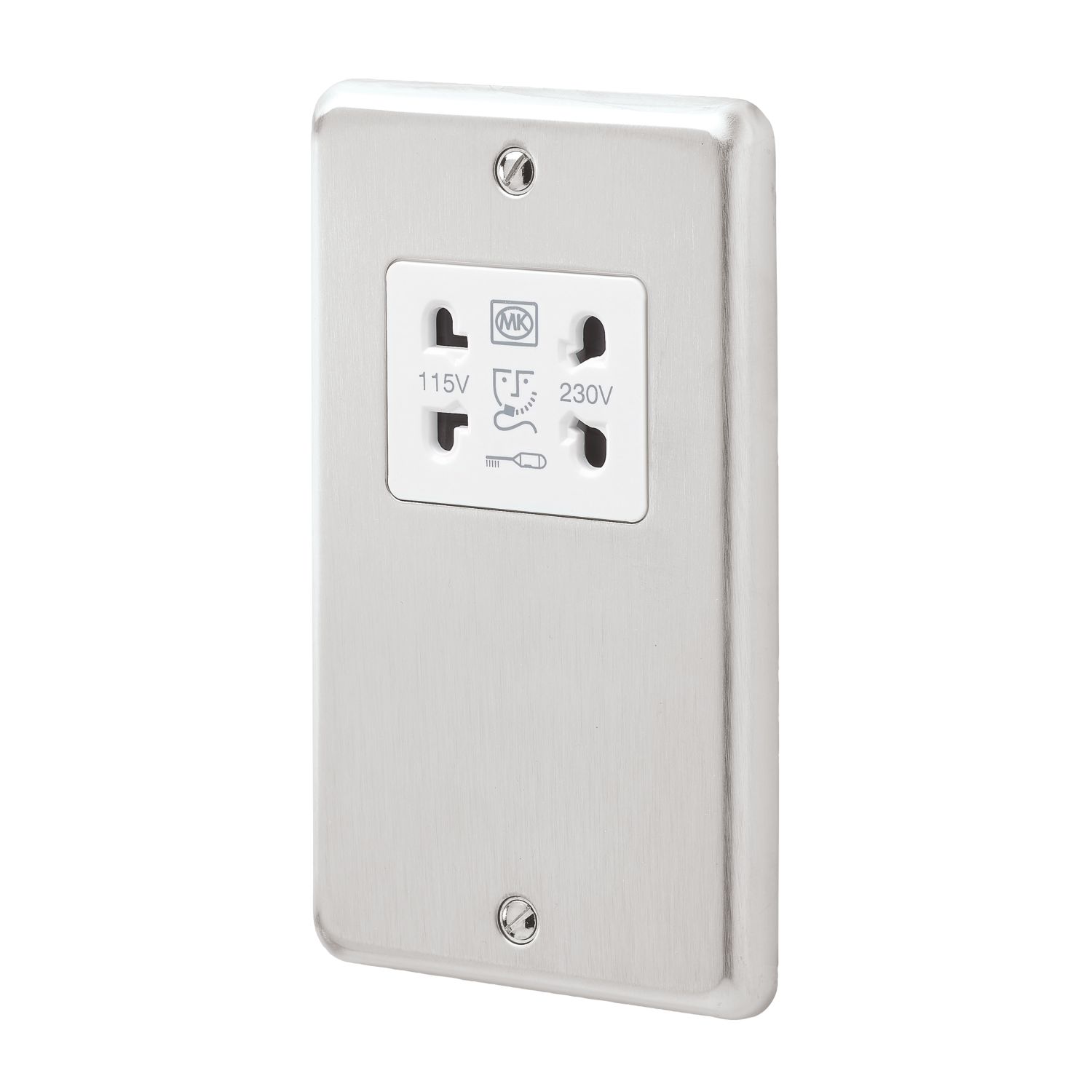 MK Contoura 2-Gang Dual Voltage Shaver Socket 115/230V Brushed Stainless Steel with White Inserts (359RG)