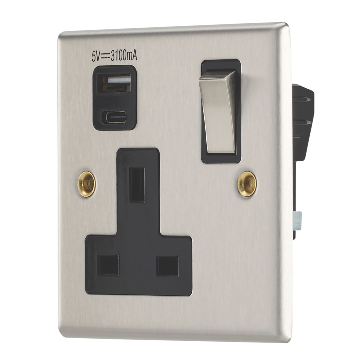 Contactum iConic 13A 1-Gang DP Switched Socket + 3.1A 15.5W 1-Outlet Type A & C USB Charger Brushed Stainless Steel with Black Inserts (363RR)