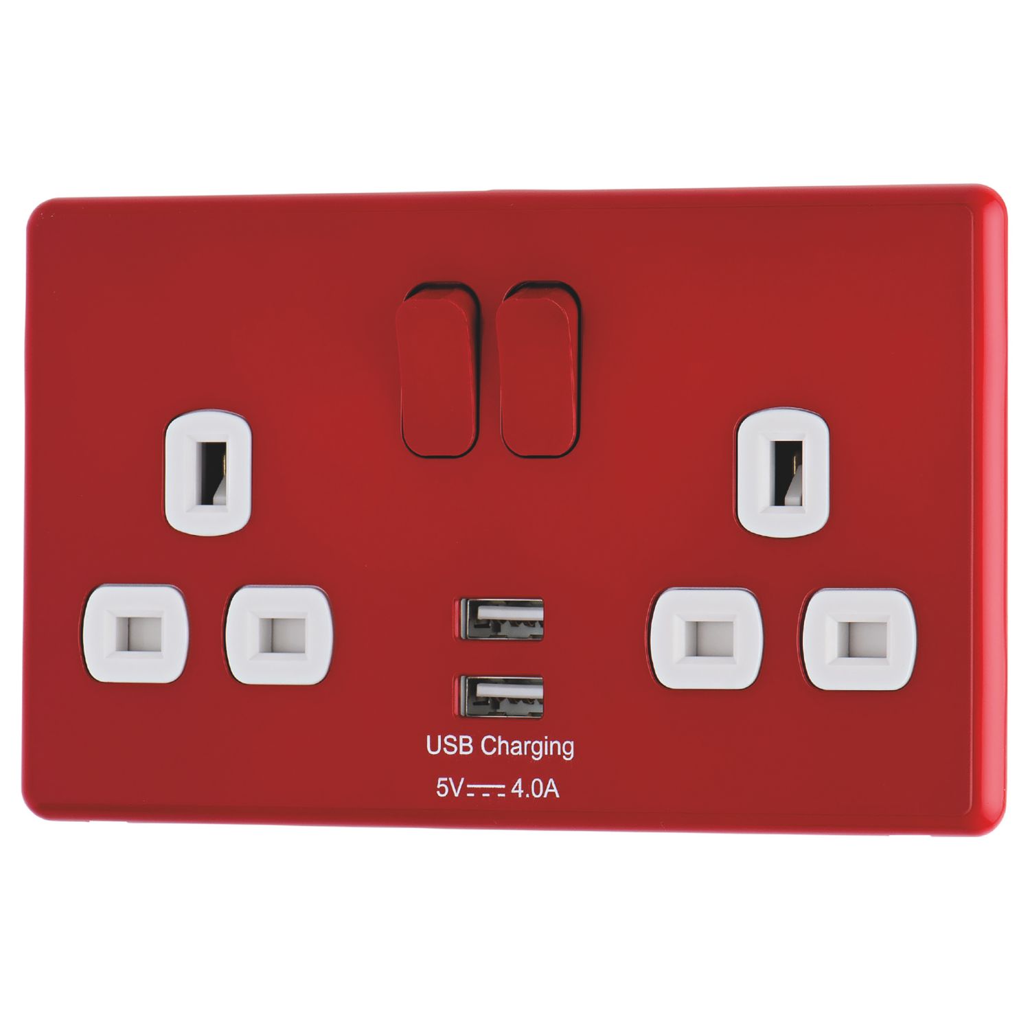 Arlec 13A 2-Gang SP Switched Socket + 4A 15W 2-Outlet Type A USB Charger Red with White Inserts (363RU)