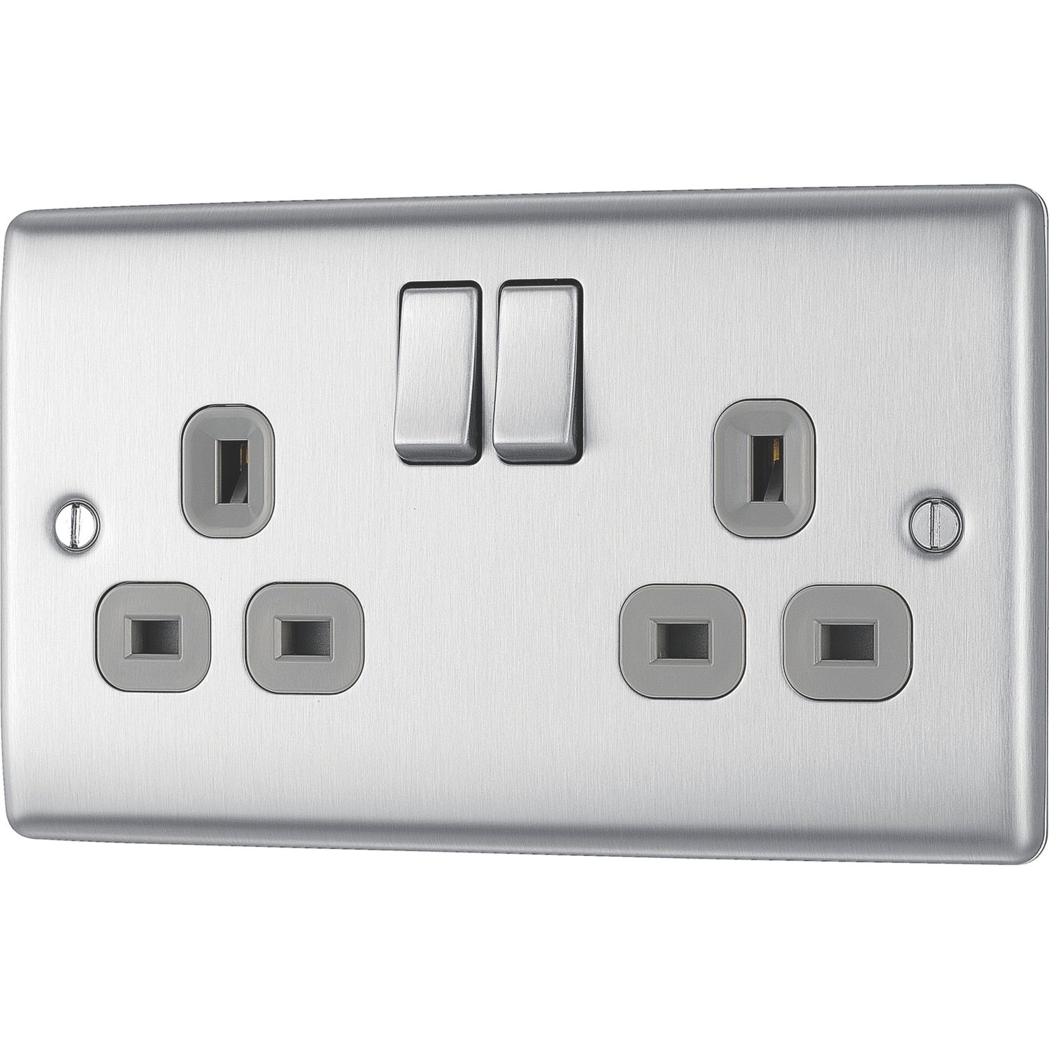 British General Nexus Metal 13A 2-Gang DP Switched Plug Socket Brushed Steel with Graphite Inserts (36590)