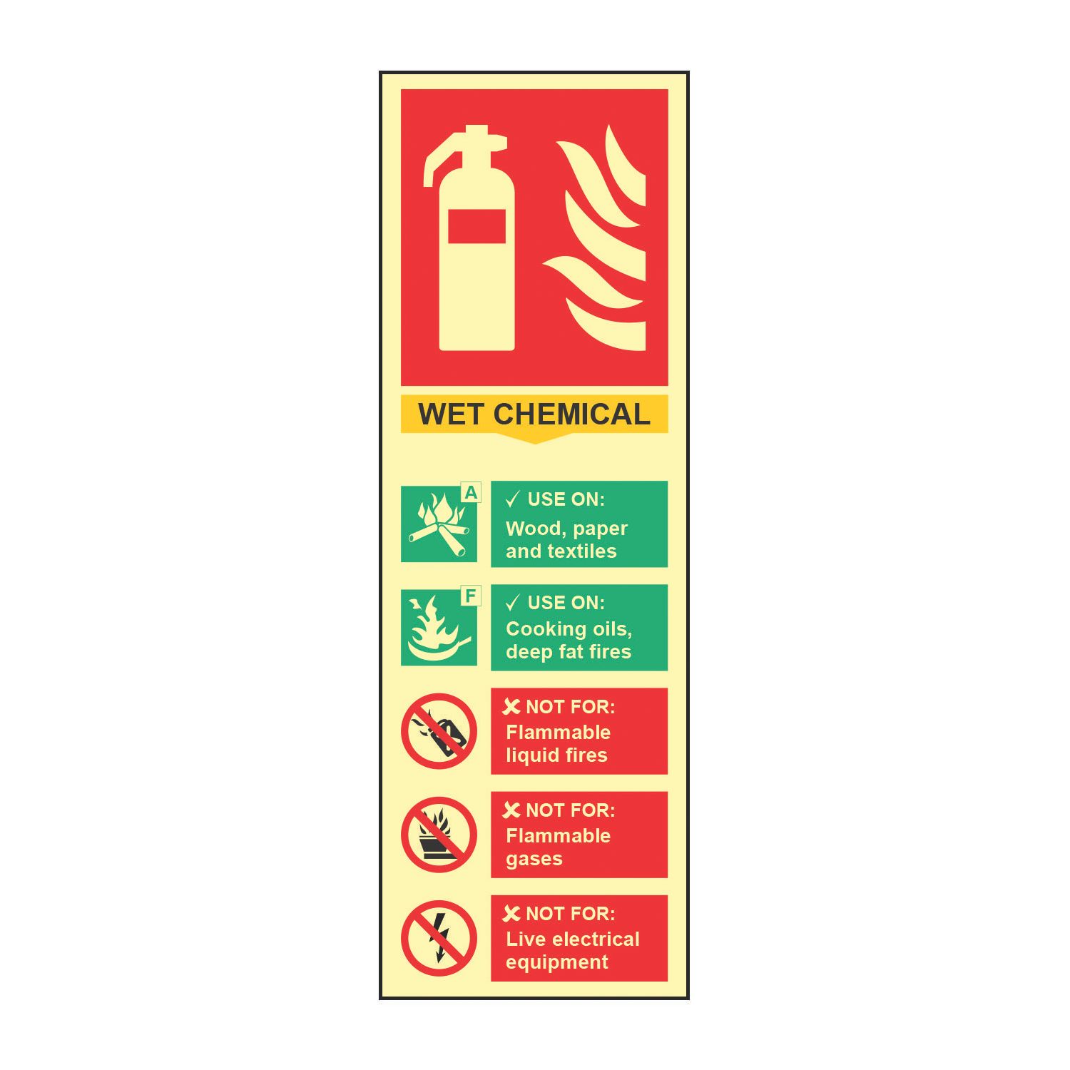 Essentials Photoluminescent "Fire Extinguisher Wet Chemical" Sign 100mm x 300mm (365FG)