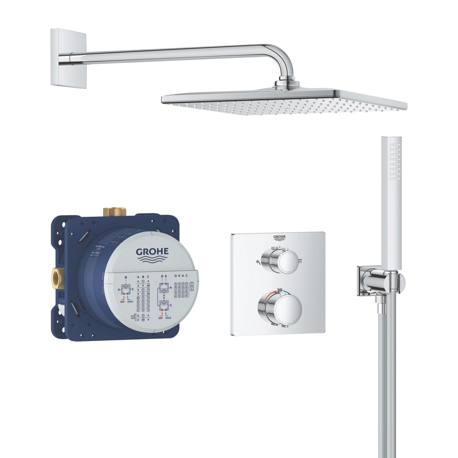 Grohe Precision 310 Square HP Rear-Fed Concealed Chrome Thermostatic Square Shower System (365YX)